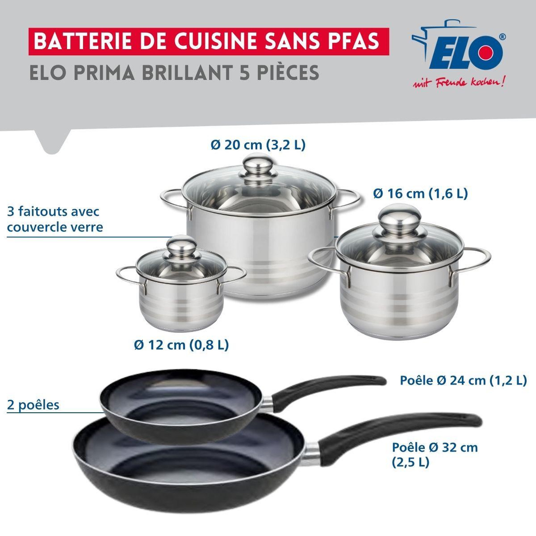 Voir la diapositive 2 : ELO Ensemble de 2 poêles de cuisson 24 et 32 cm et 3 faitouts 12, 16 et 20 cm elo prima brillant