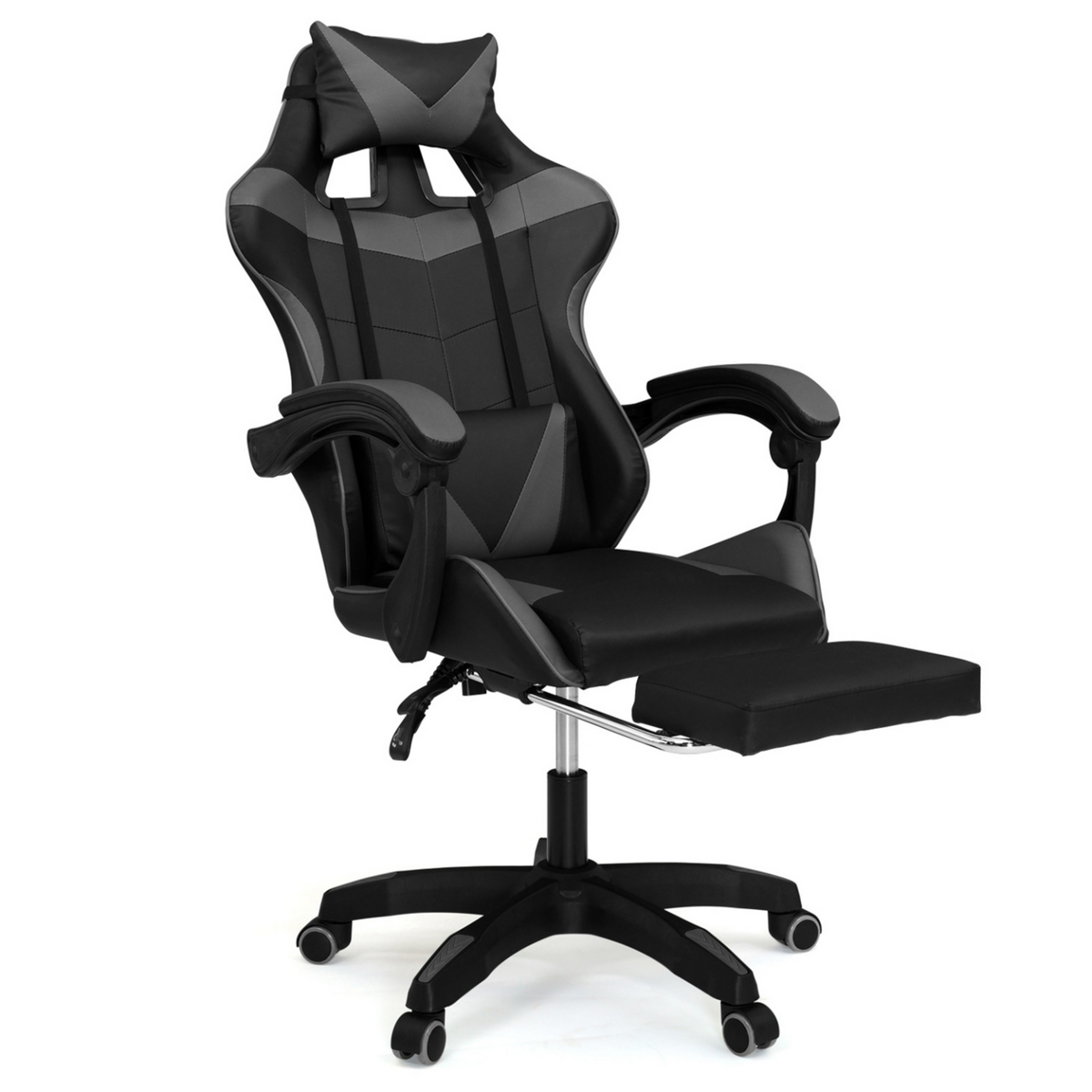 ID MARKET Fauteuil de gaming ALEX réglable avec repose-pied, coussin de tête et coussin lombaire noir et gris