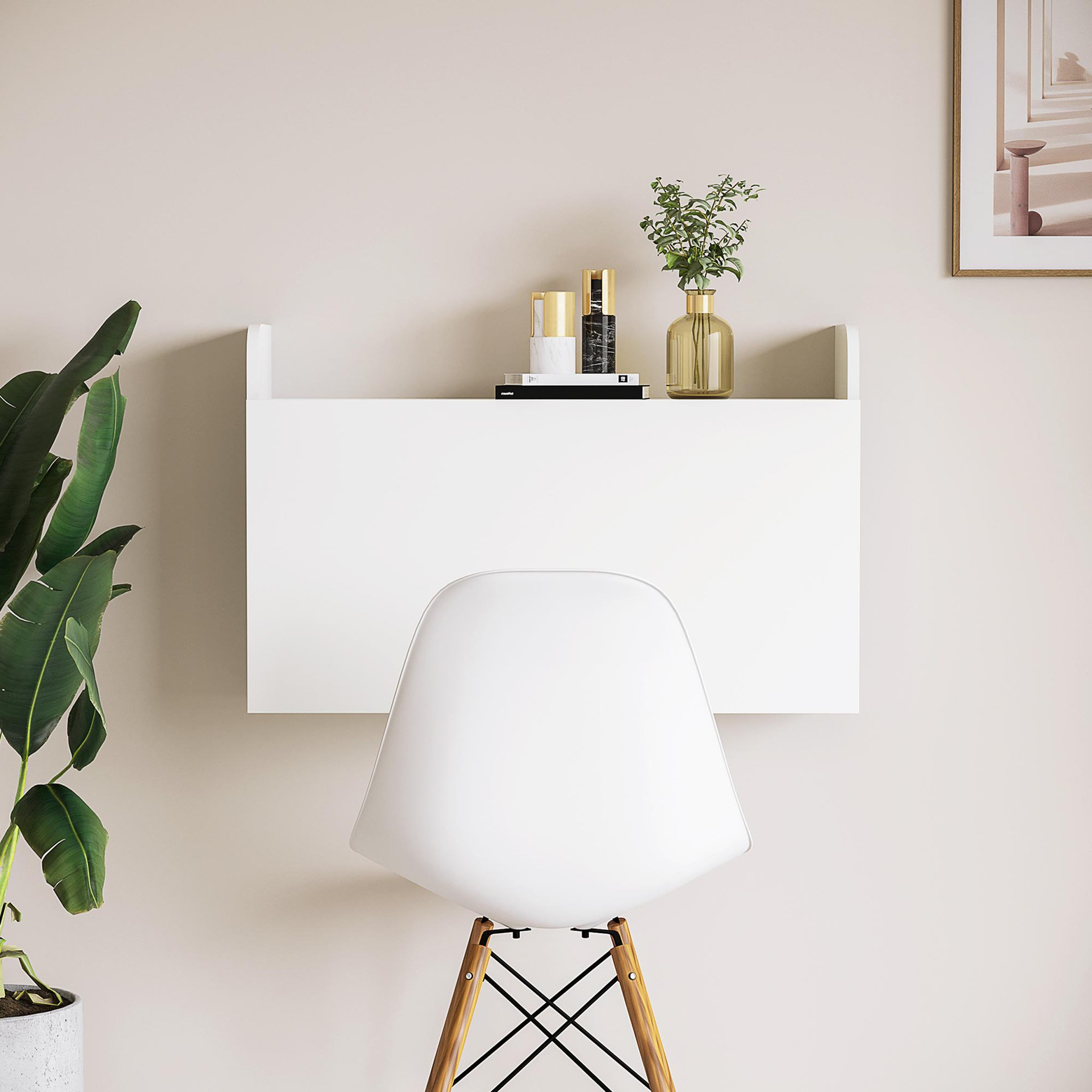 Voir la diapositive 4 : HOMCOM Bureau mural pliable - table murale rabattable - 5 niches, étagère - panneaux particules blanc