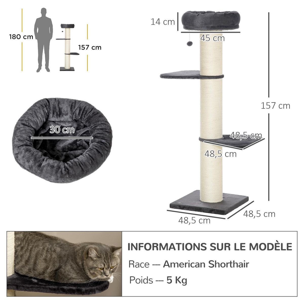 PAWHUT Arbre à chat griffoir sisal naturel 2 plateformes panier observation jeu boule suspendue peluche grise