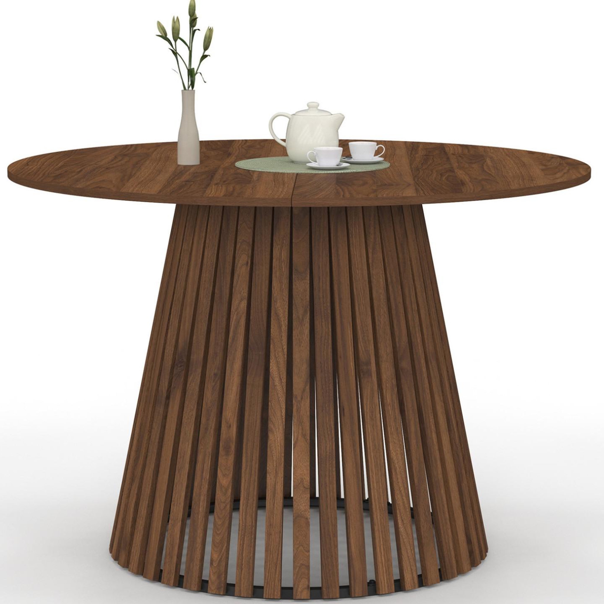 ID MARKET Table à manger ronde carmen 6 personnes pied noyer en lattes et plateau noyer 110 cm