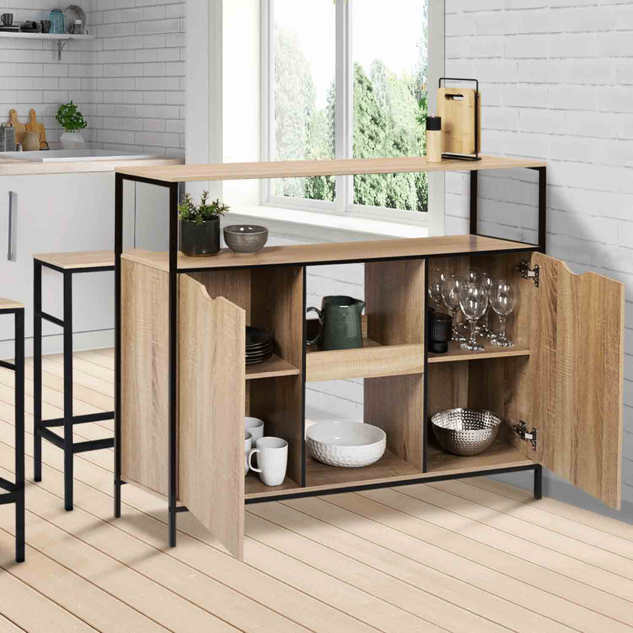 Voir la diapositive 2 : ID MARKET Meuble de bar avec portes et étagères detroit design industriel