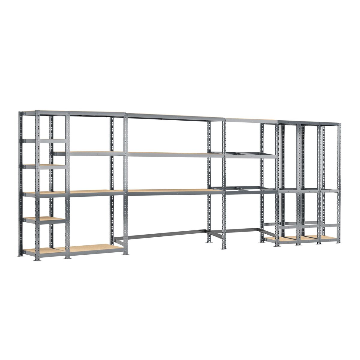 Concept rangement de garage MODULÖ STORAGE SYSTEME EXTENSION 5 étagères 16 plateaux longueur 505 cm