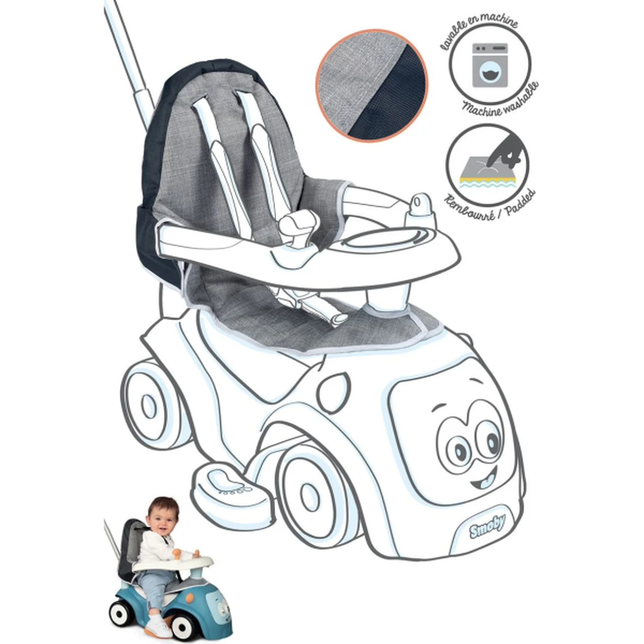 SMOBY Porteur Trotteur Housse de siege pour porteur Maestro - confortable et rembourrée - pour enfant a partir de 6 mois - gris et bleu
