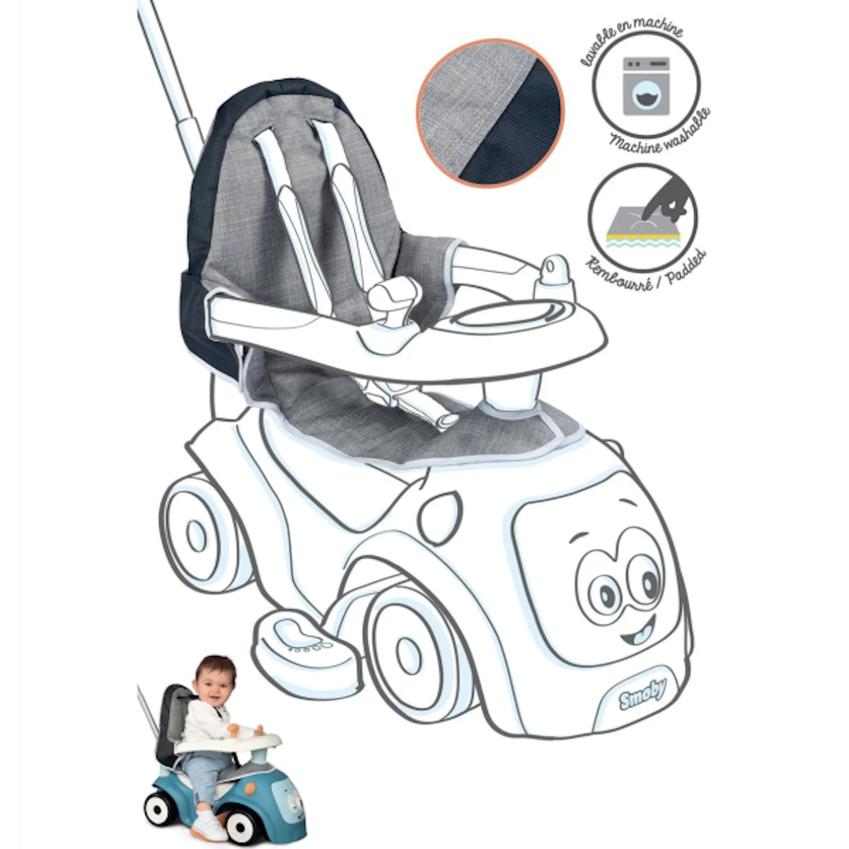 SMOBY Porteur Trotteur Housse de siege pour porteur Maestro - confortable et rembourrée - pour enfant a partir de 6 mois - gris et bleu