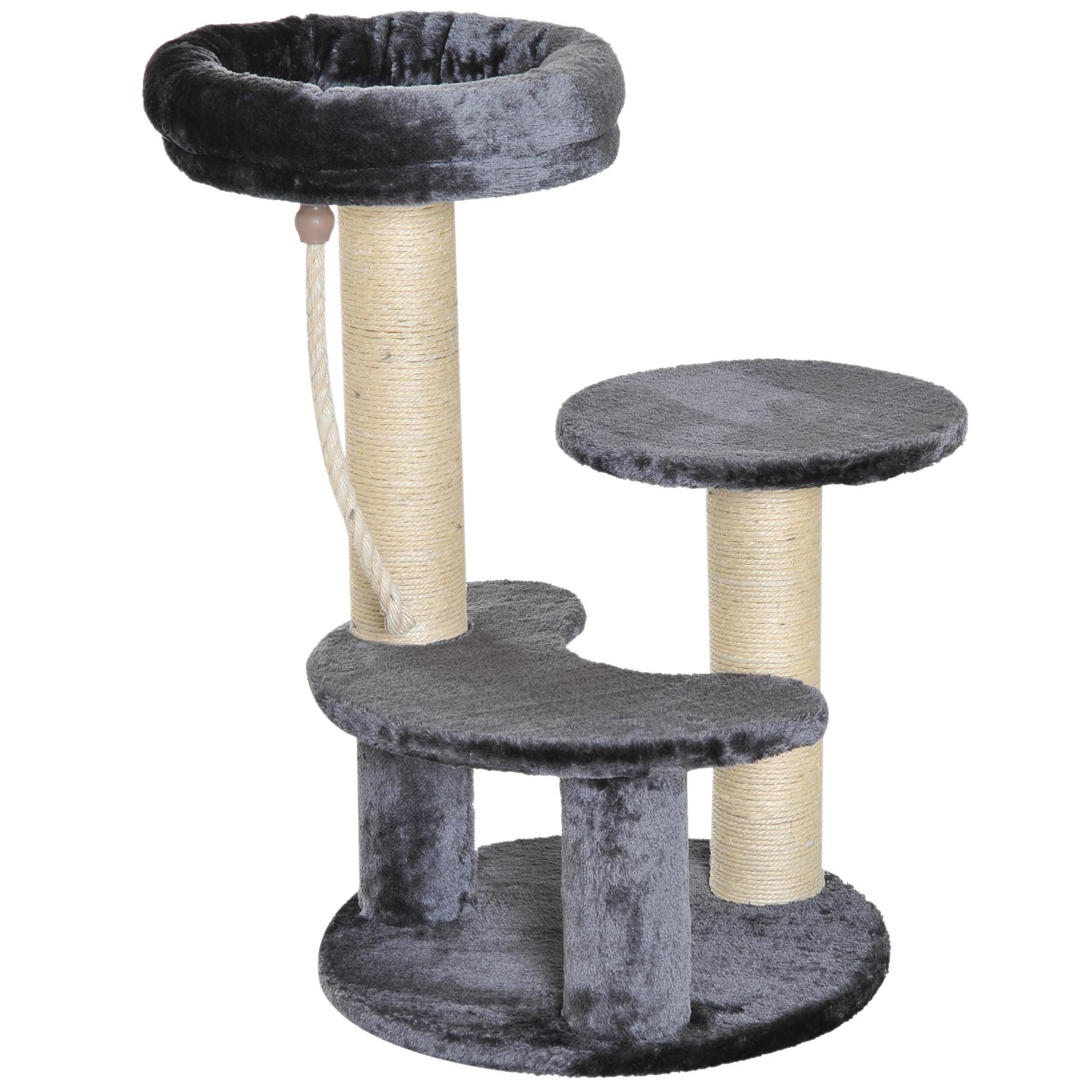 PAWHUT Arbre à chats 2 griffoirs grattoirs sisal naturel 3 plateformes corde à grimper dim. Ø 40 x 65h cm peluche haute densité 500 g/m² gris