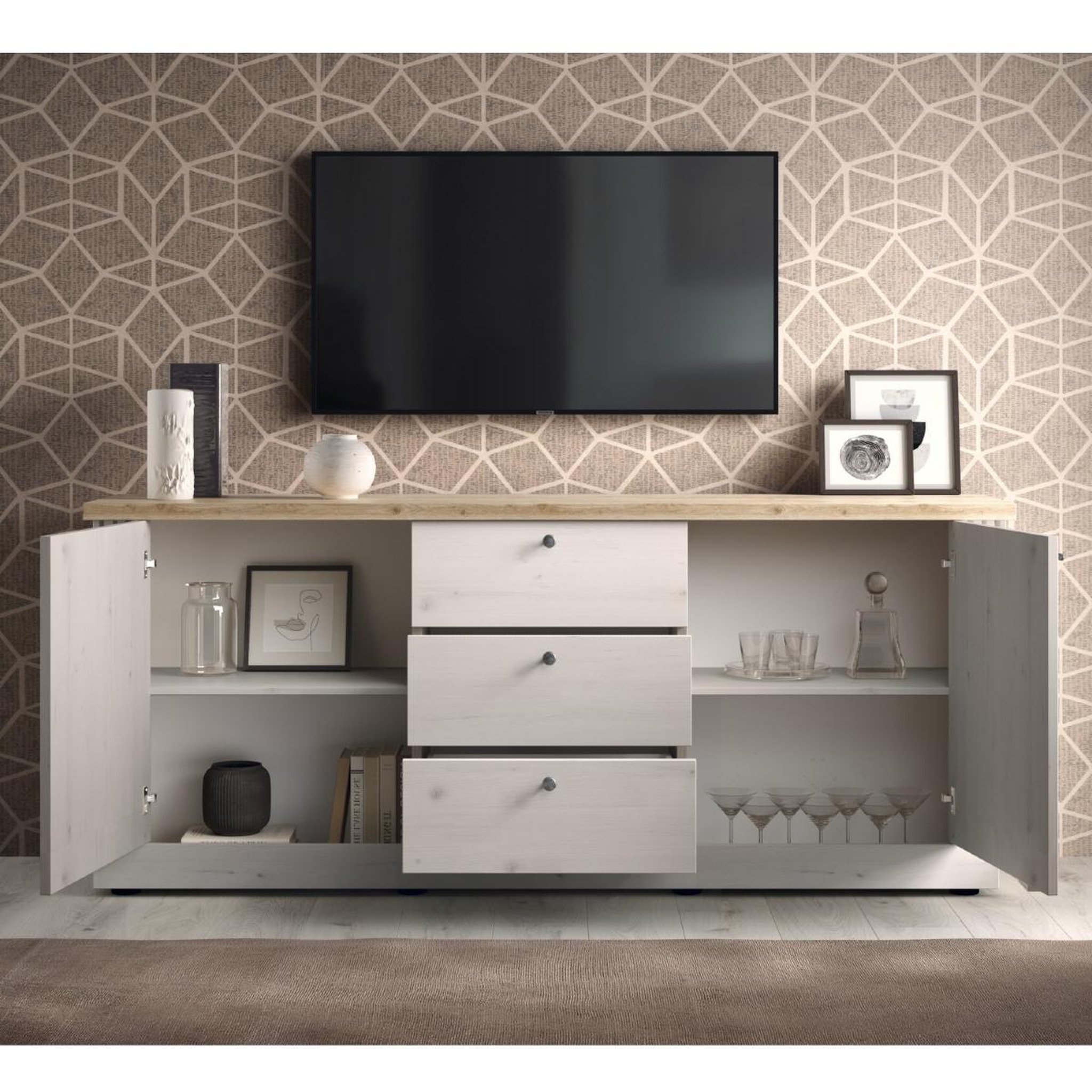 Voir la diapositive 3 : JLC KREATION Buffet moderne 2 portes-3 tiroirs coloris chêne naturel YANIS