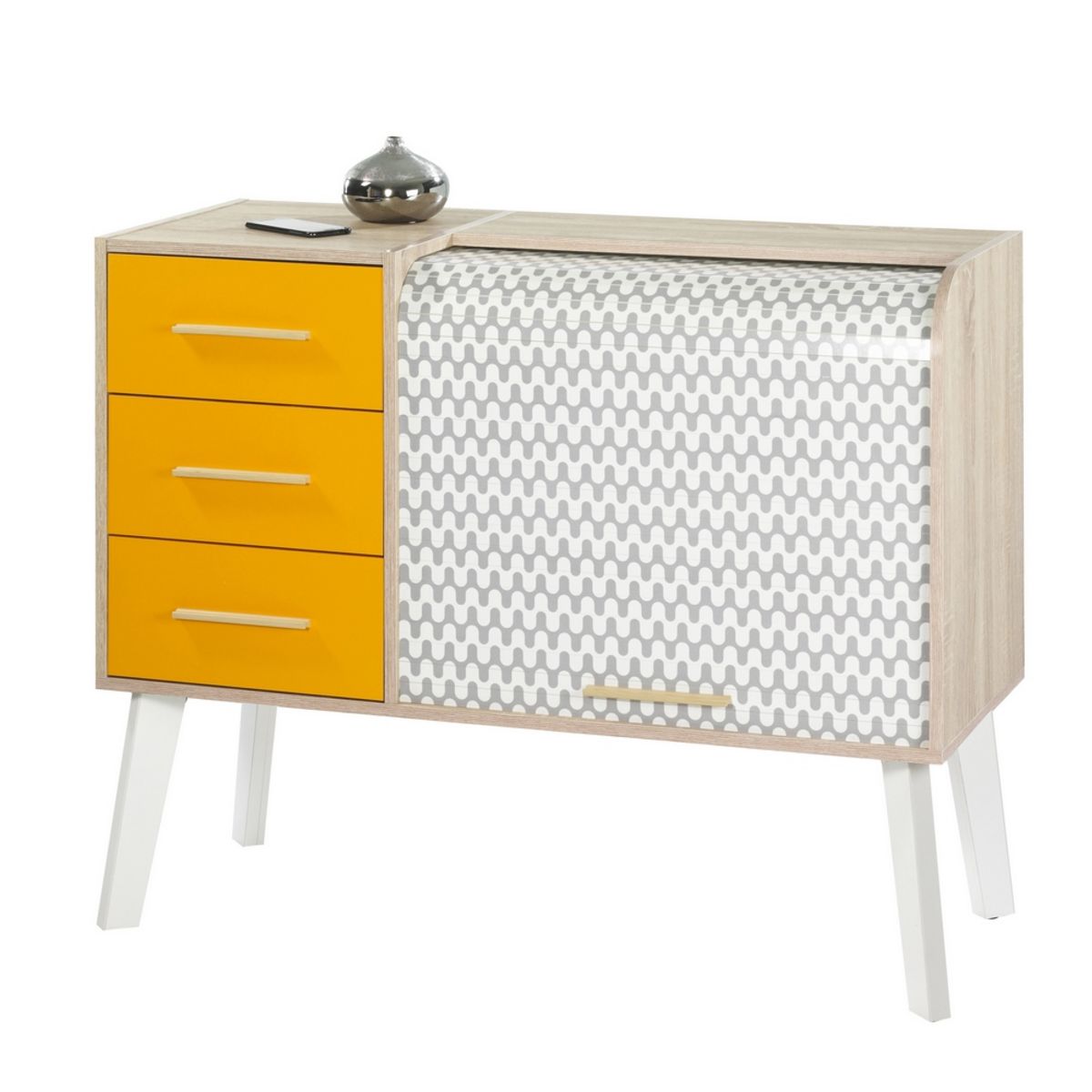 Meuble d'entrée 3 tiroirs 2 niches avec rideau motif vagues SMILE