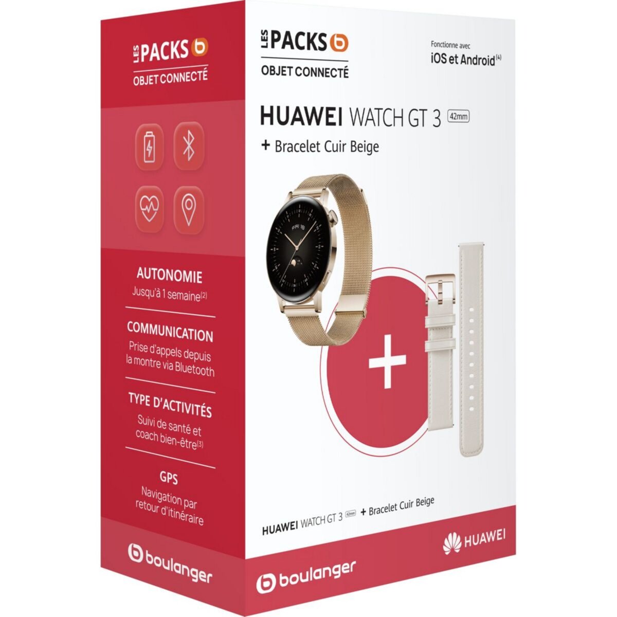 HUAWEI Montre connect e Pack Watch GT 3 Elegant 42mm Bracelet pas