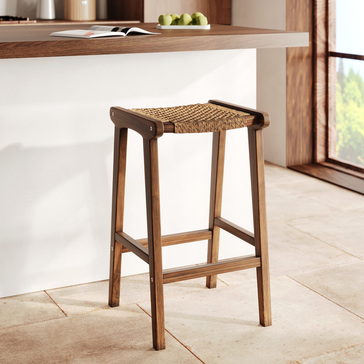 Rendez vous déco Tabouret pour îlot central 66 cm en teck vernis et tissage synthétique-Omaha