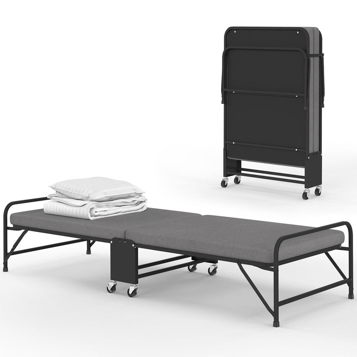 ID MARKET Lit d'appoint pliant 1 personne en métal ZAK avec sommier et matelas 70x190 cm gris et noir