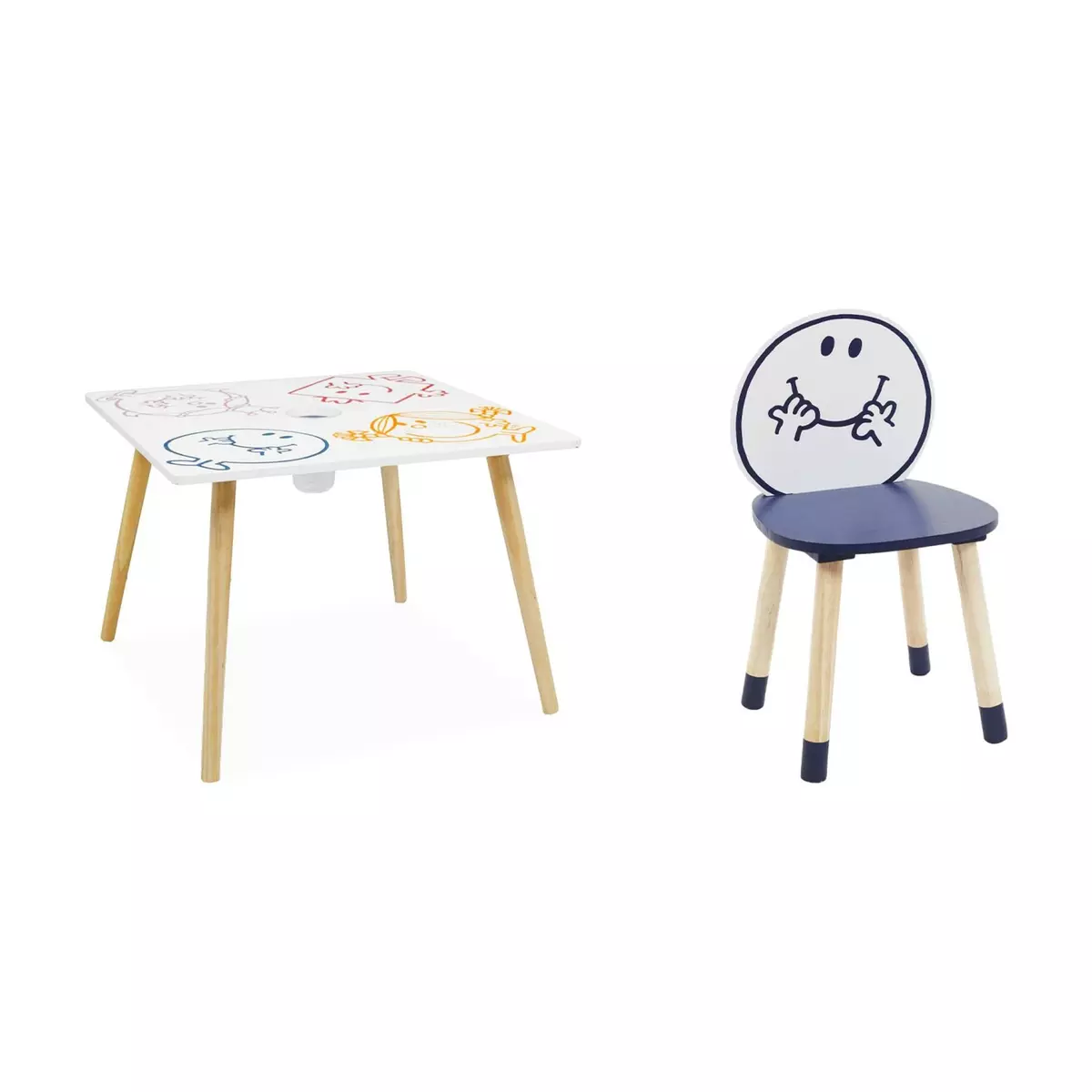 SWEEEK Table pour enfant avec pot à crayon + 4 chaises Monsieur Heureux collection Monsieur Madame