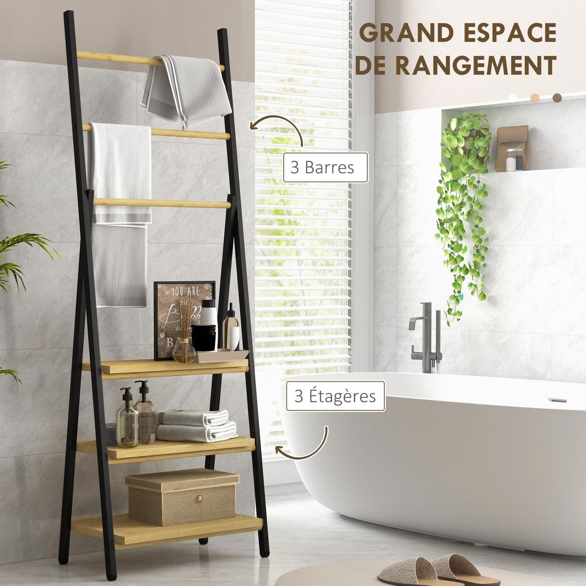 HOMCOM Porte-serviettes pliable 3 barres de suspension et 3 étagères en bambou pour salle de bains, structure métal noir