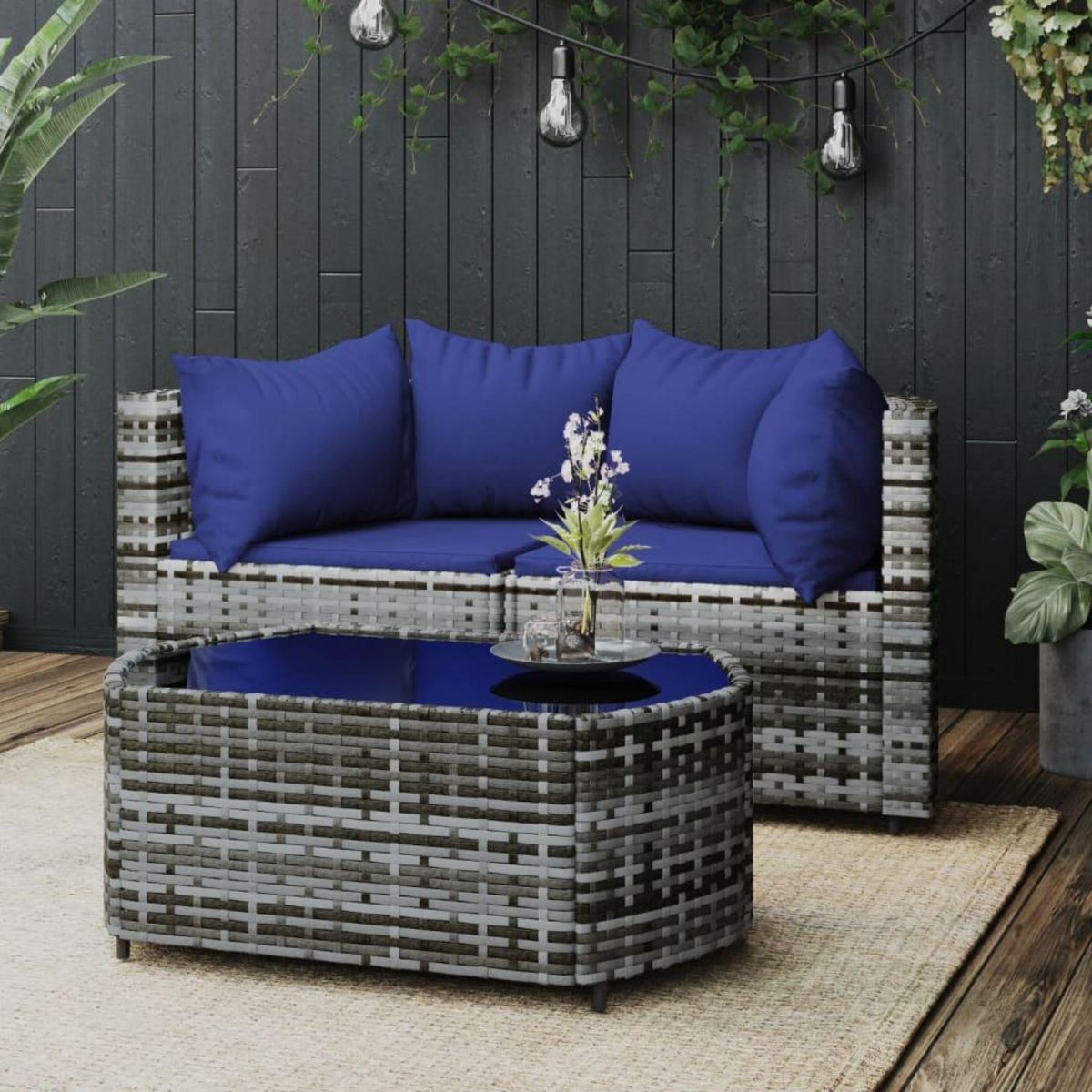 VIDAXL Salon de jardin 3 pcs avec coussins Gris Resine tressee