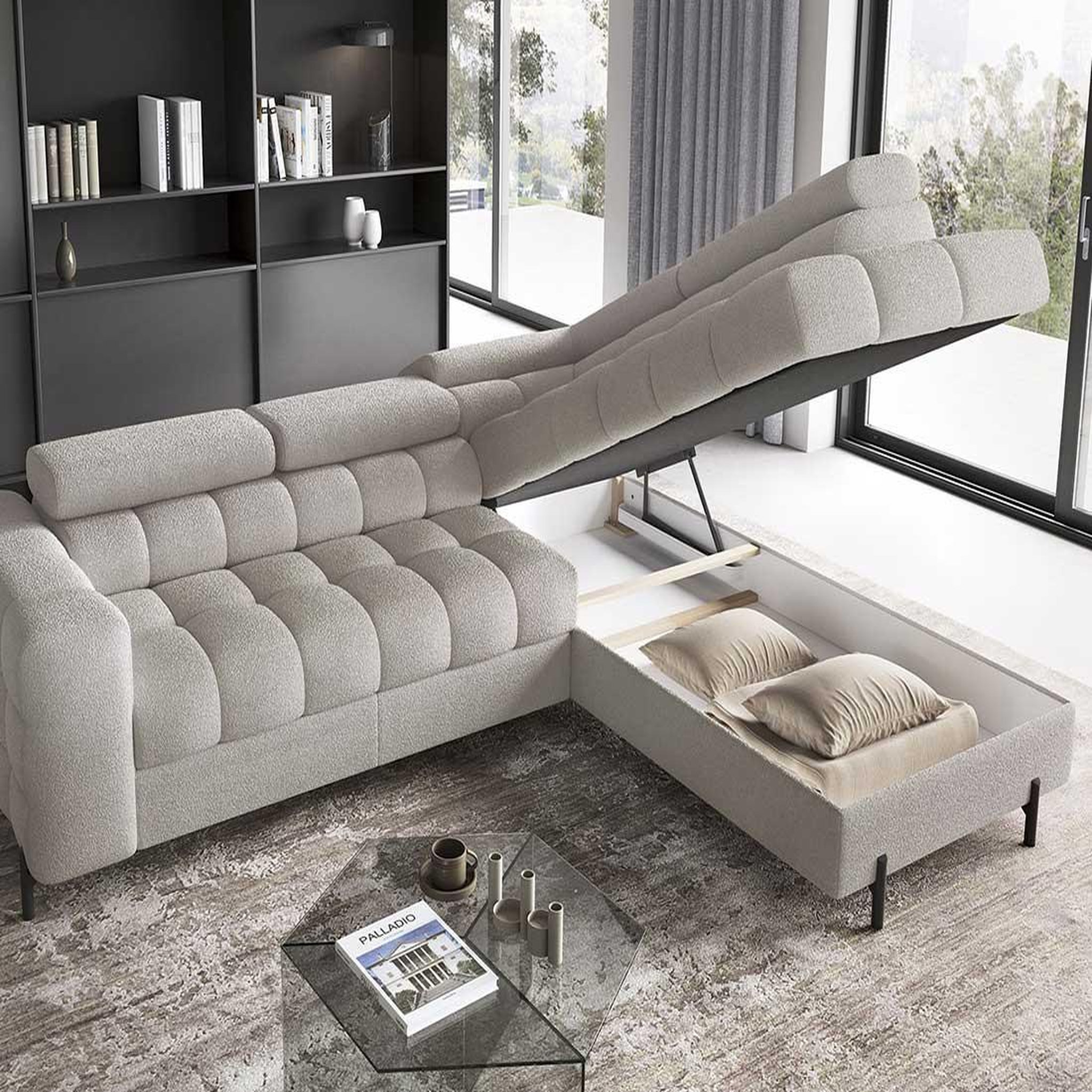 Voir la diapositive 3 : BEST MOBILIER Elisa - canapé d'angle droit 5 places convertible avec coffre et têtières réglables en tissu bouclette