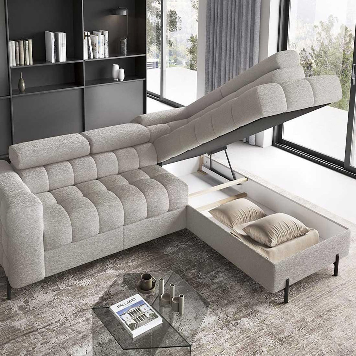 BEST MOBILIER Elisa - canapé d'angle droit 5 places convertible avec coffre et têtières réglables en tissu bouclette