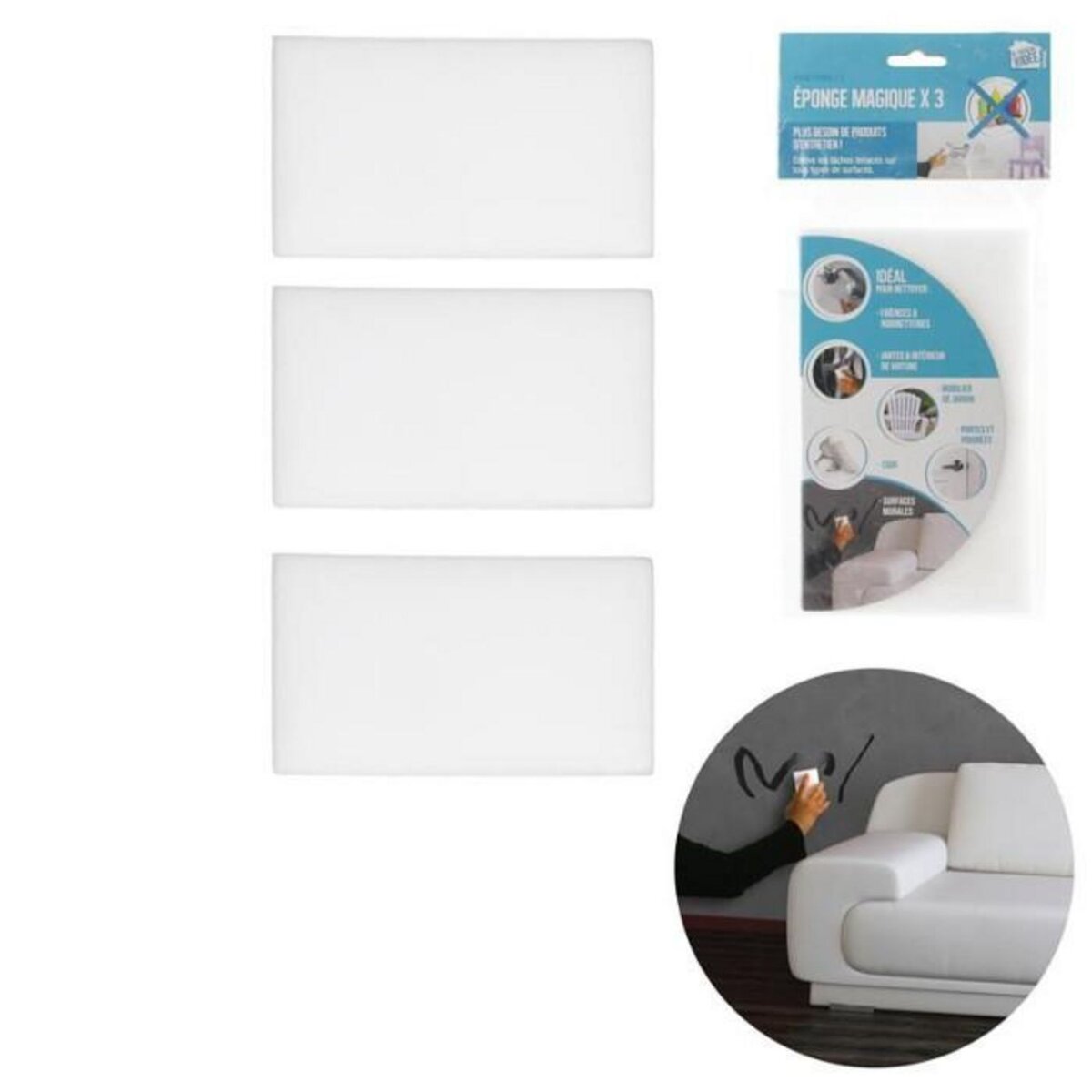 Paris Prix Lot de 3 Éponges Nettoyantes  Magique  6cm Blanc