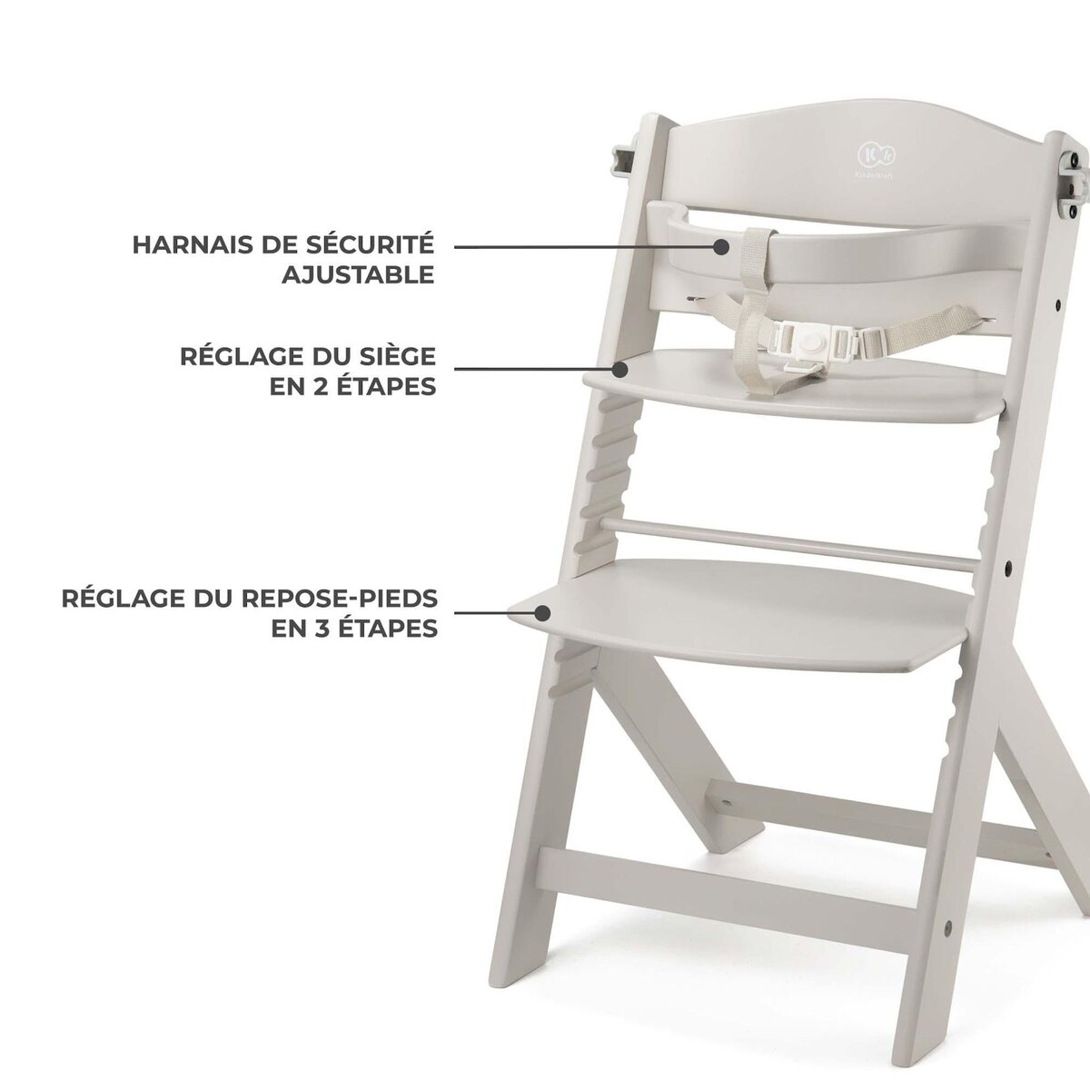 KINDERKRAFT Chaise haute bois 3 en 1 reglable avec harnais