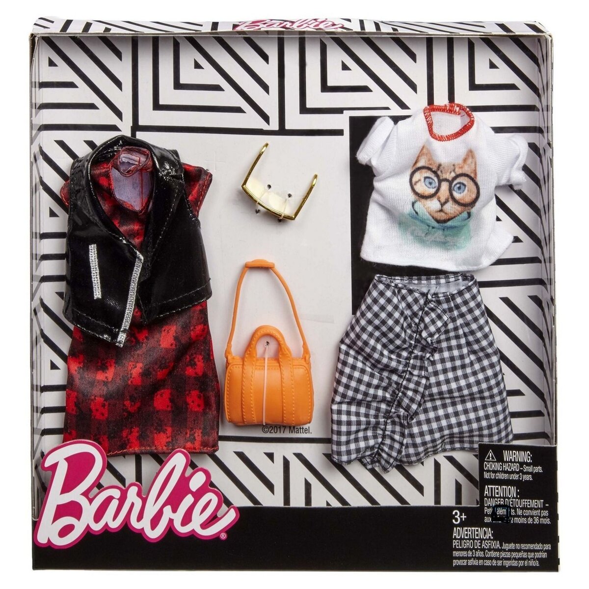 BARBIE Tenue Barbie jupe à carreaux blanc et tee-shirt chat + robe rouge avec veste noire sans manches 