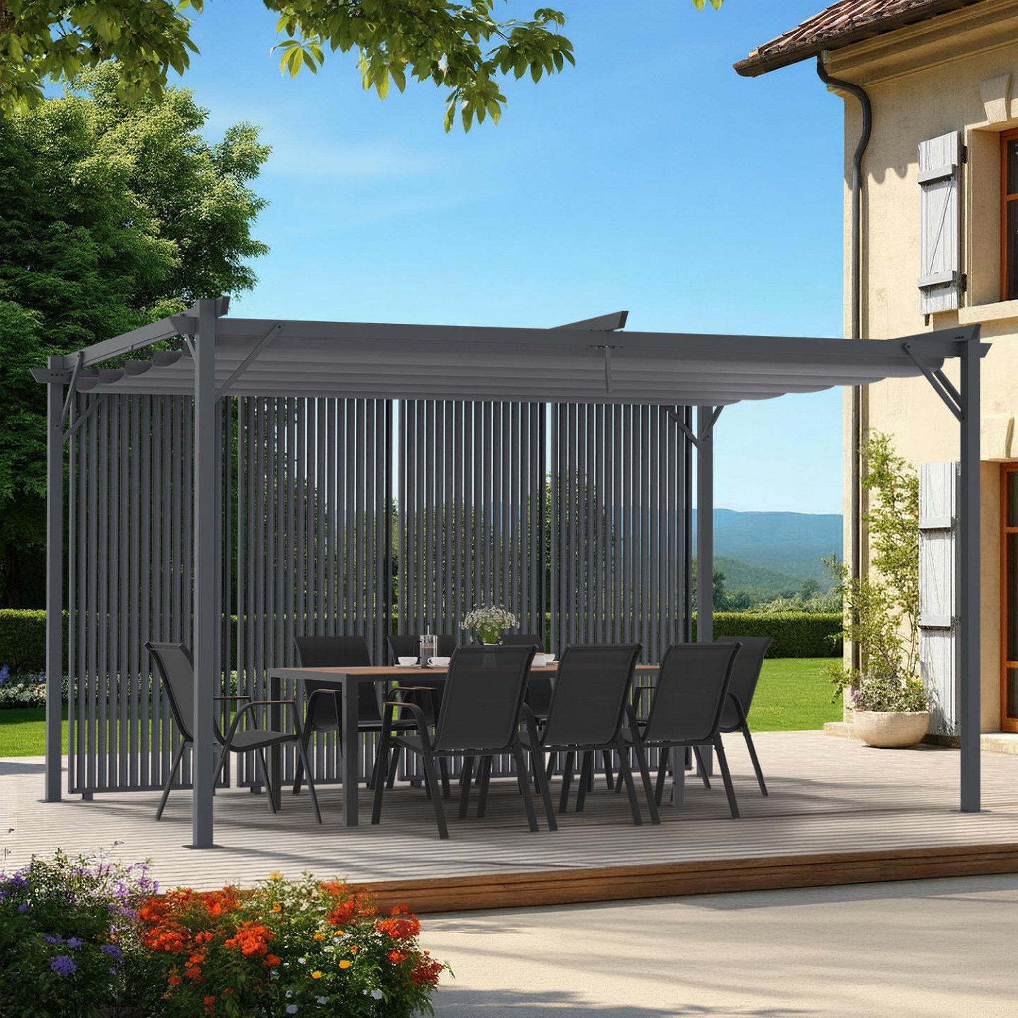 Voir la diapositive 2 : ID MARKET Pergola édition collector persiennes verticales toit rétractable 3x4 m 4 pans modulables gris anthracite