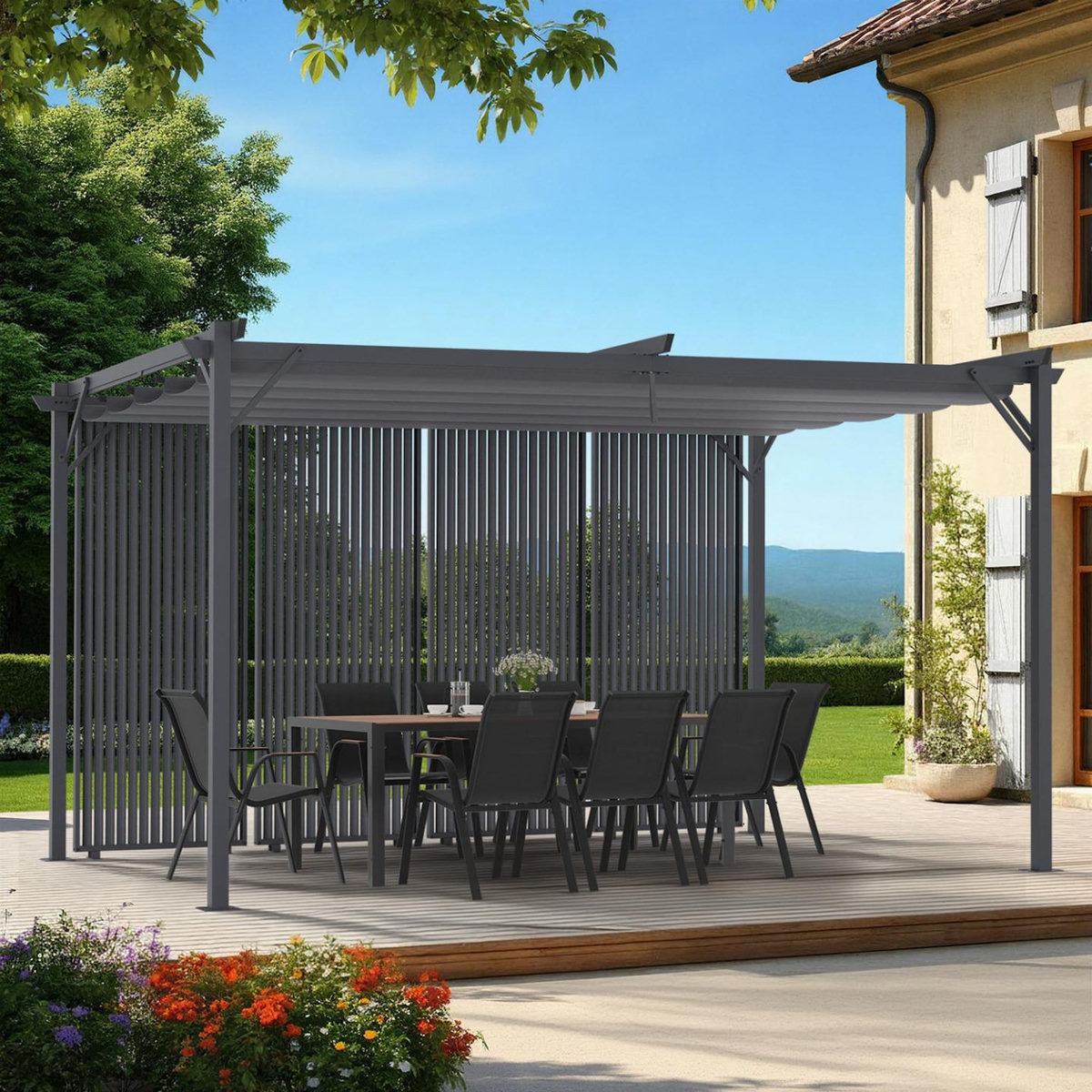 ID MARKET Pergola édition collector persiennes verticales toit rétractable 3x4 M 4 pans modulables gris anthracite