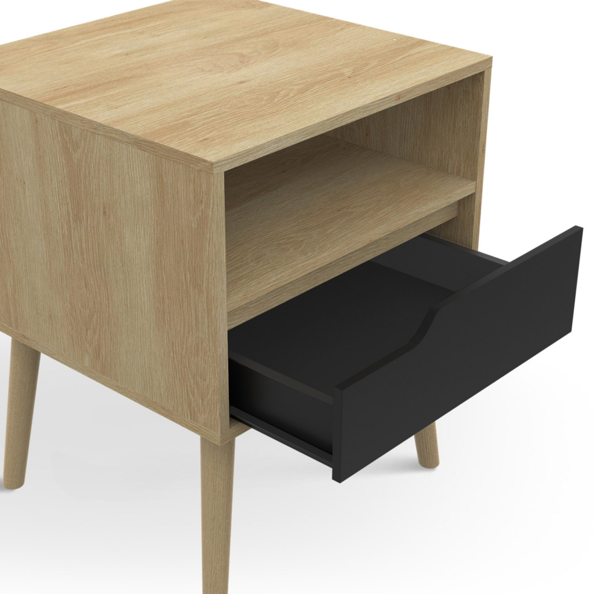 ID MARKET Lot de 2 tables de chevet HELSINKI scandinaves 1 tiroir avec niche effet hêtre et noir