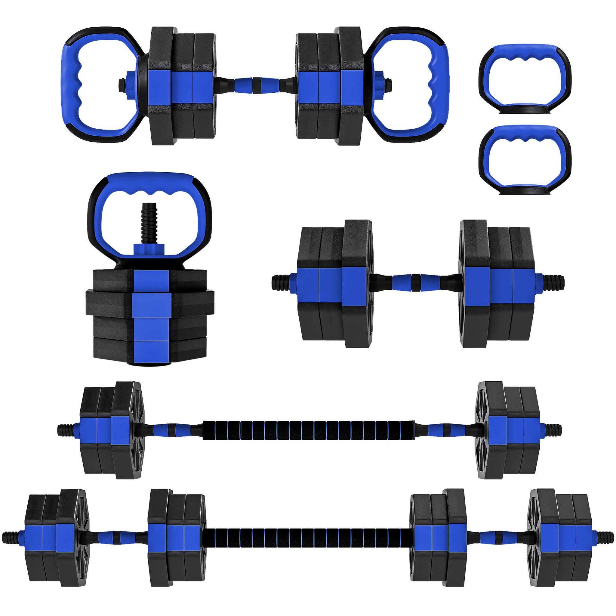Voir la diapositive 5 : HOMCOM Ensemble d'haltères musculation multifonction 4 en 1 - haltères, kettlebell, push-up support, olympic barre - total 20kg - pvc bleu noir