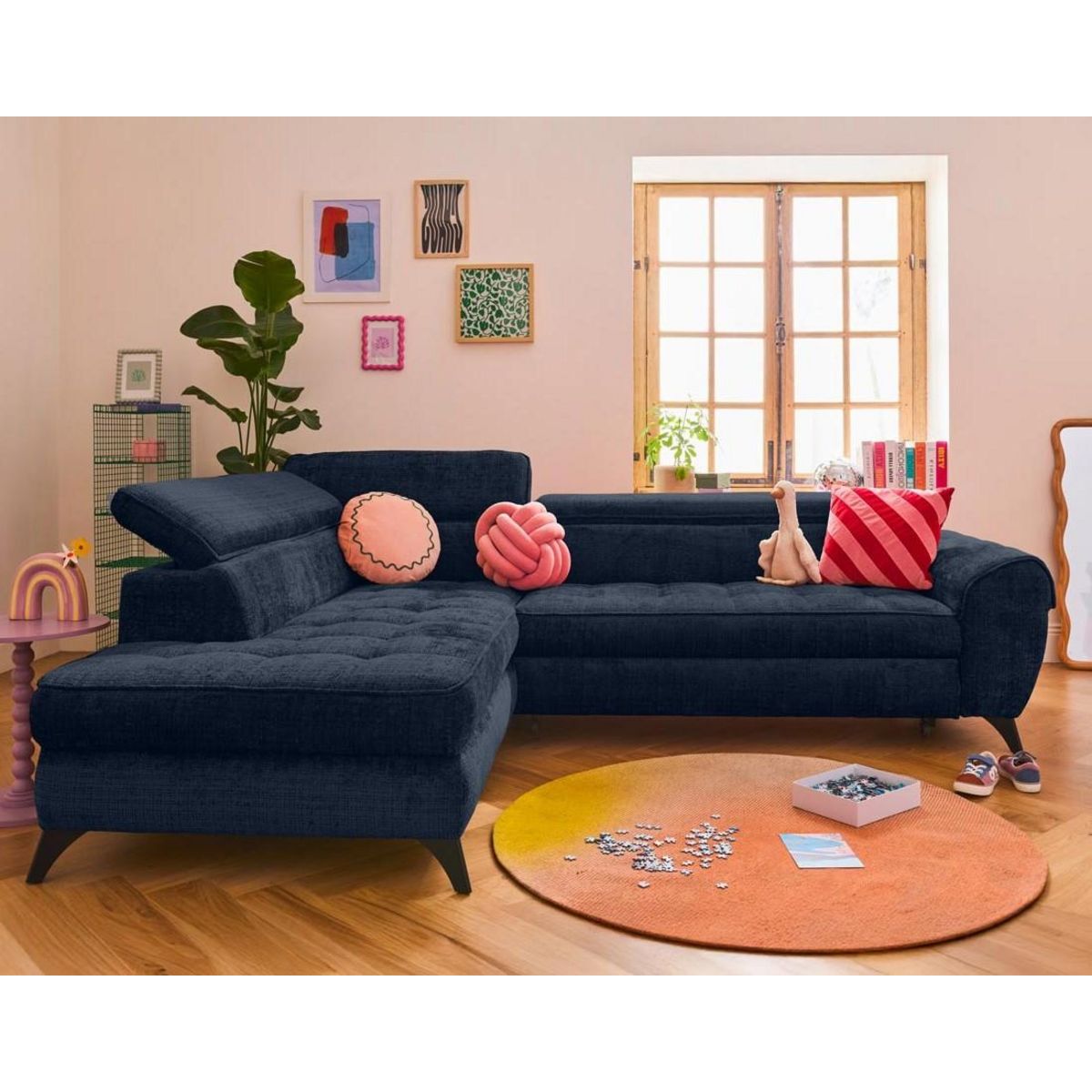 LISA DESIGN Marlo - canapé d'angle gauche 5 places convertible avec coffre et têtières en velours texturé