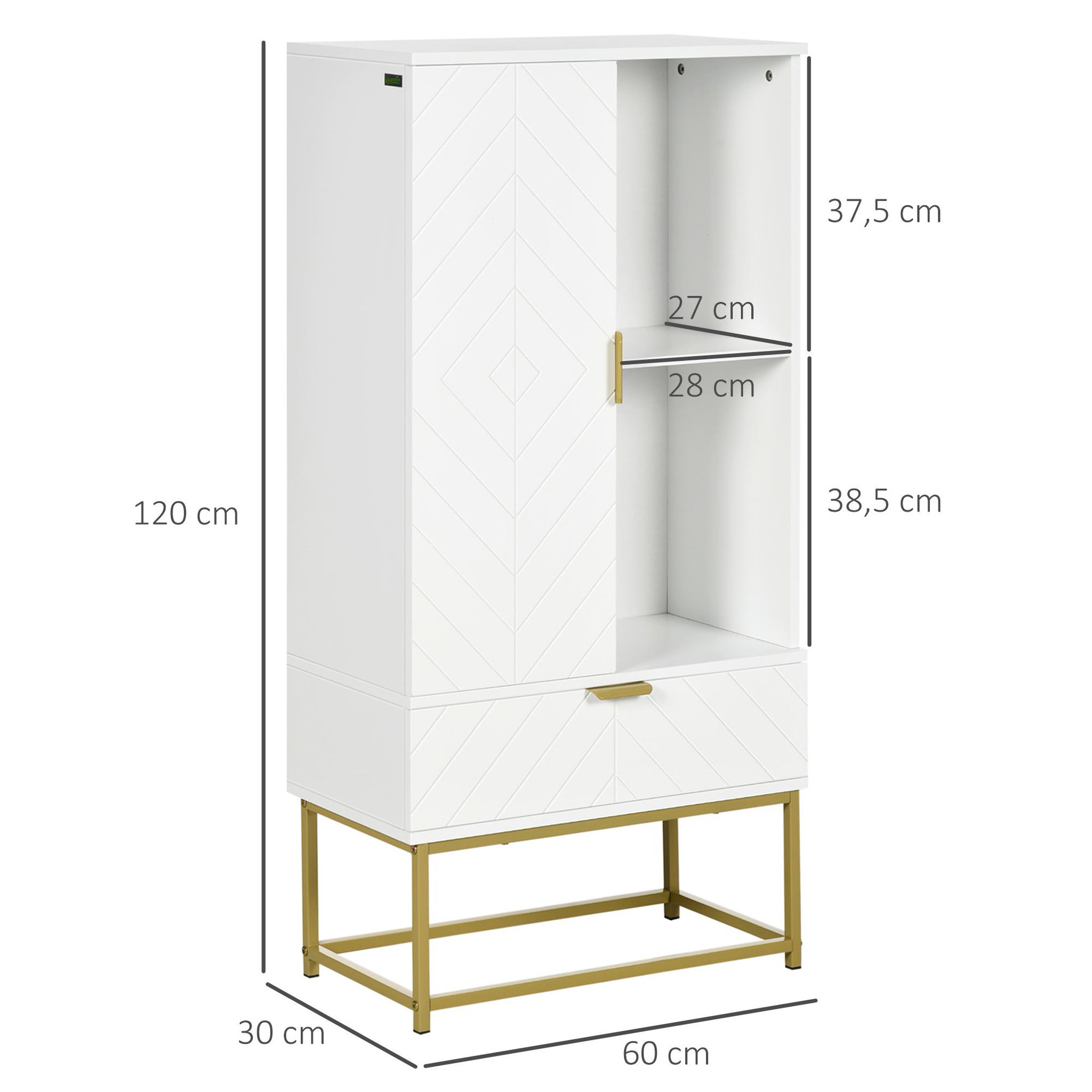 Voir la diapositive 3 : KLEANKIN Meuble bas de salle de bain design - porte, étagère, tiroir, 2 niches, 1 tiroir - acier doré MDF blanc