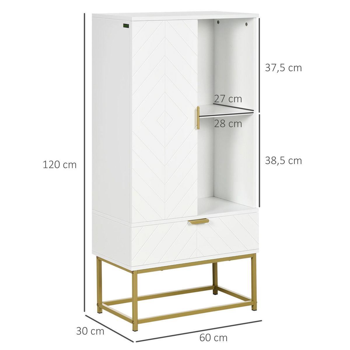 KLEANKIN Meuble bas de salle de bain design - porte, étagère, tiroir, 2 niches, 1 tiroir - acier doré MDF blanc