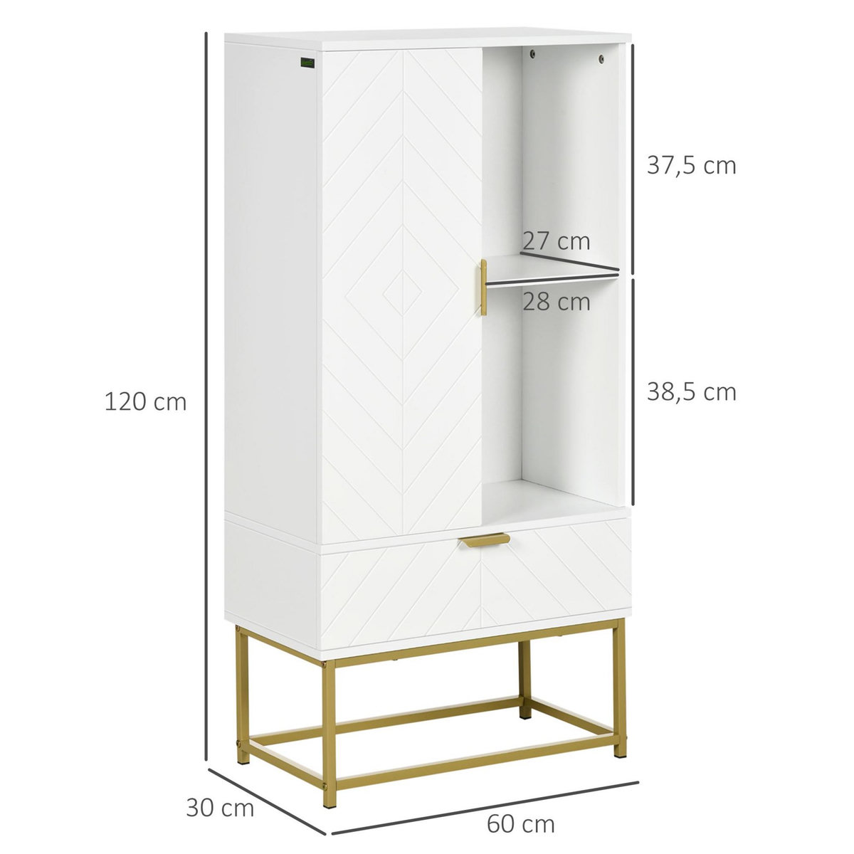 KLEANKIN Meuble bas de salle de bain design - porte, étagère, tiroir, 2 niches, 1 tiroir - acier doré MDF blanc