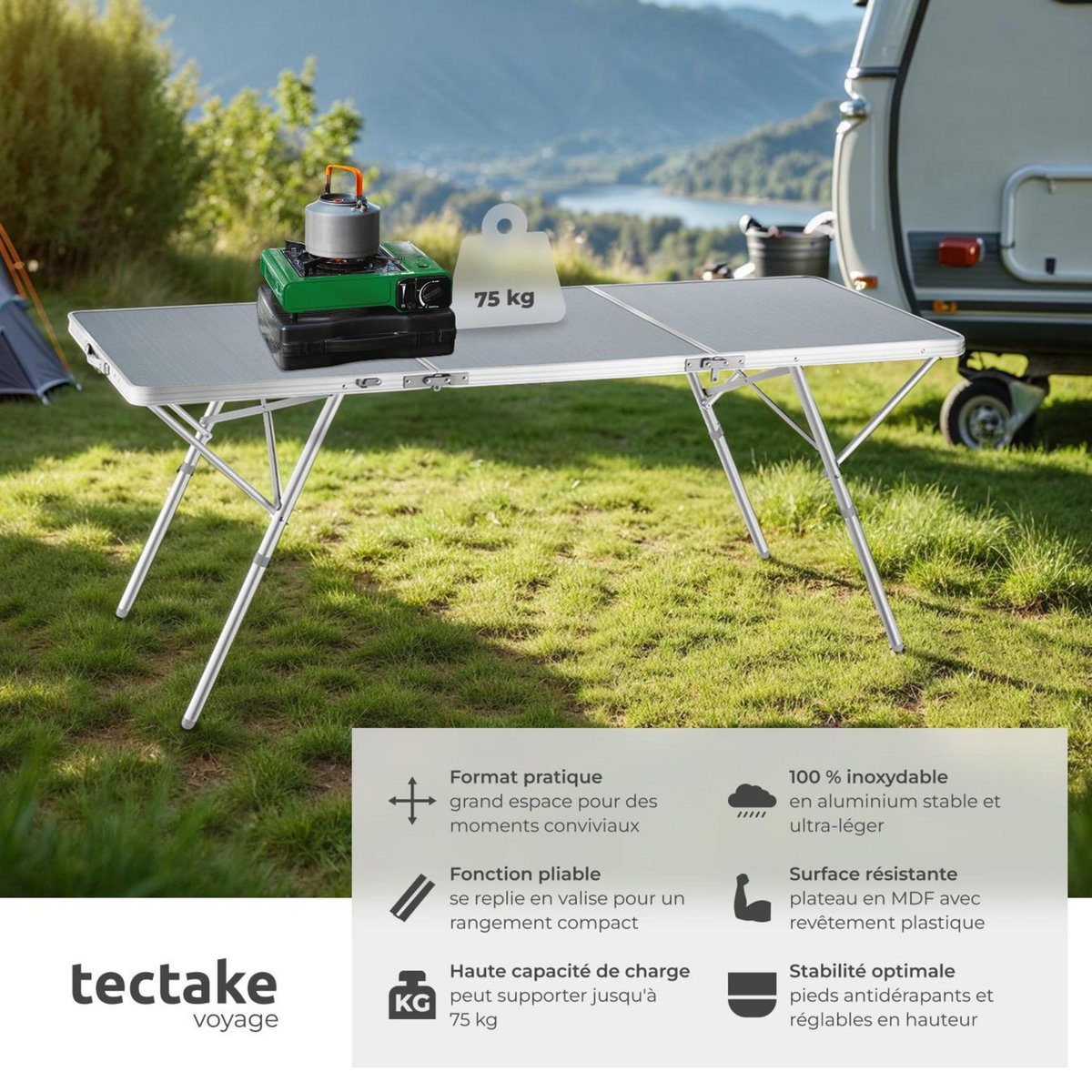 tectake Table de camping pliable argent