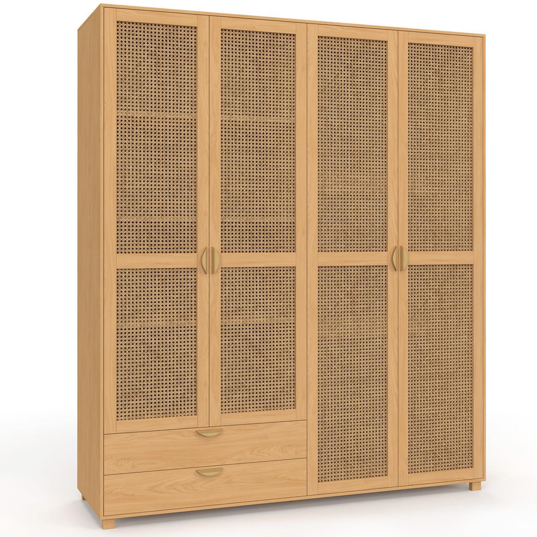 ID MARKET Armoire 4 portes edhen bois et cannage penderie 160 cm avec 2 tiroirs et étagères