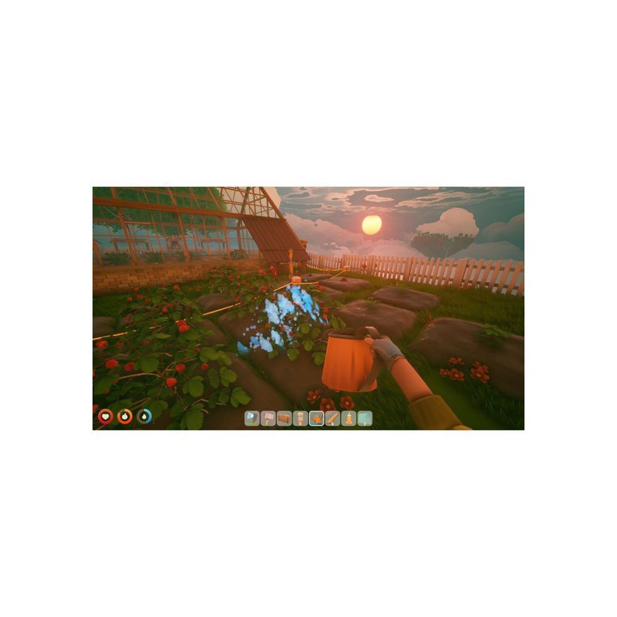 Voir la diapositive 5 : Just for games Solarpunk sur Nintendo Switch 2, simulation gestion bac à sable éco futur, construction et automatisation, agriculture et dirigeable, solo ou coop