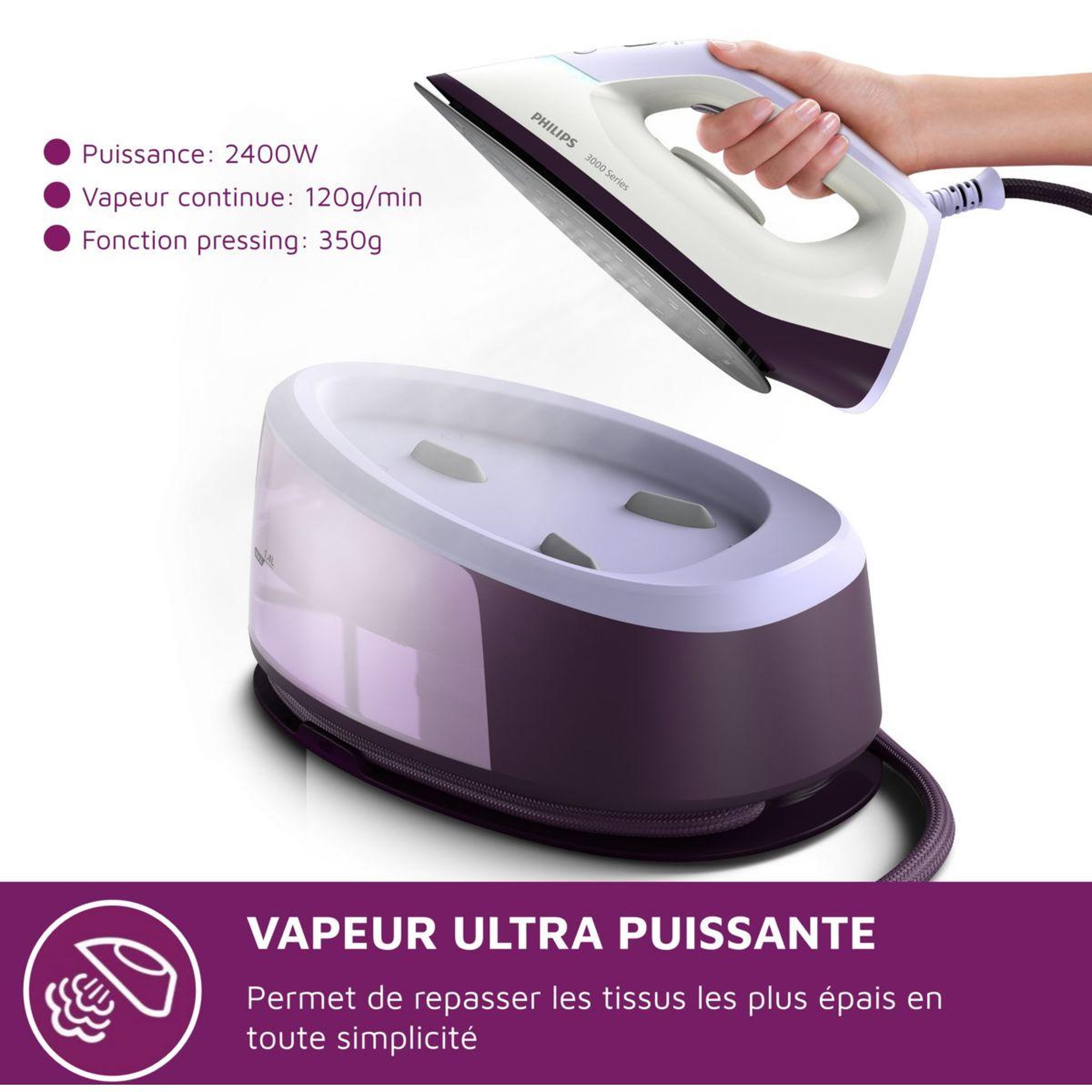 Voir la diapositive 5 : Philips Centrale vapeur psg3000/30 mauve 1,4l