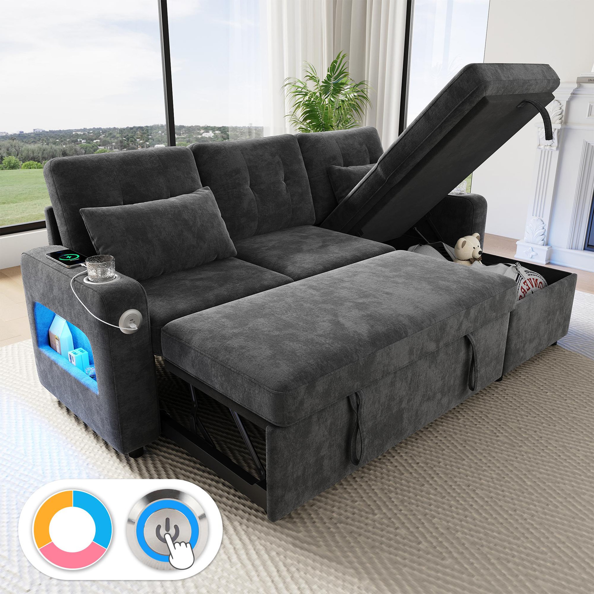 Voir la diapositive 2 : MERAX Canapé d'angle droit convertible 3 places tissu led coffre de rangement