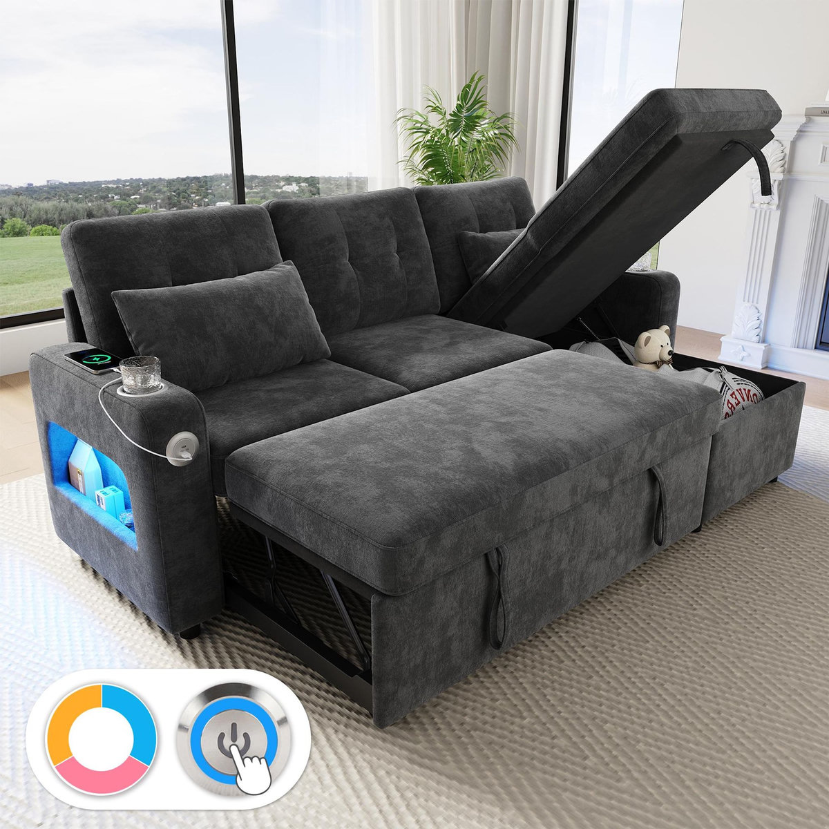 MERAX Canapé d'angle droit convertible 3 places tissu led coffre de rangement