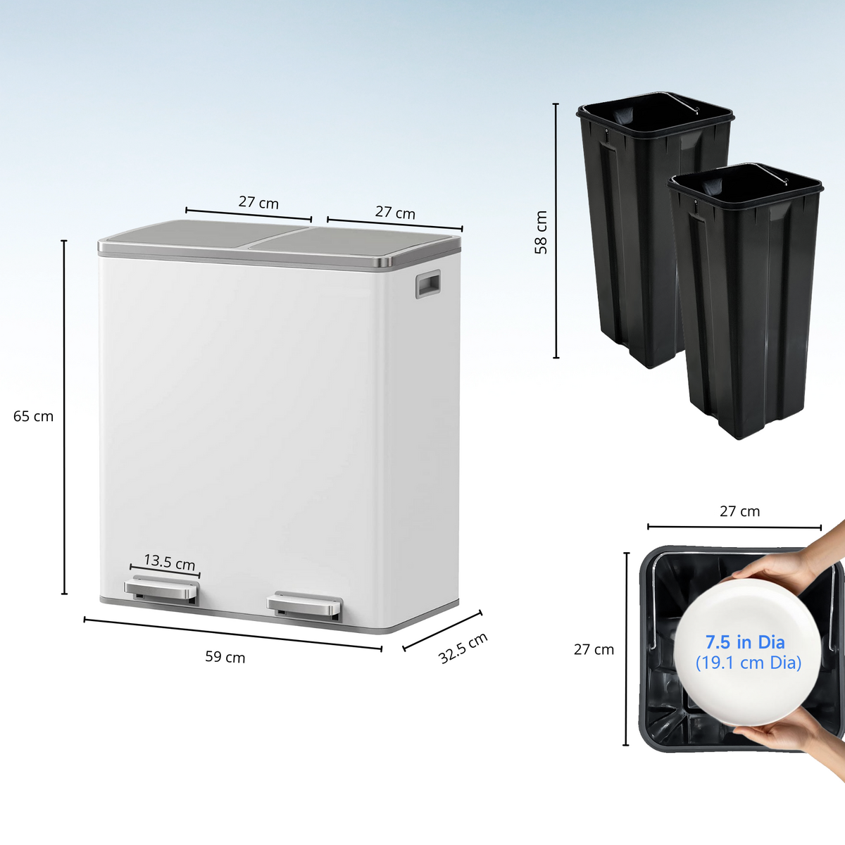 Kitchen move Poubelle de cuisine tri sélectif MAJOR Blanc Acier inoxydable 60L