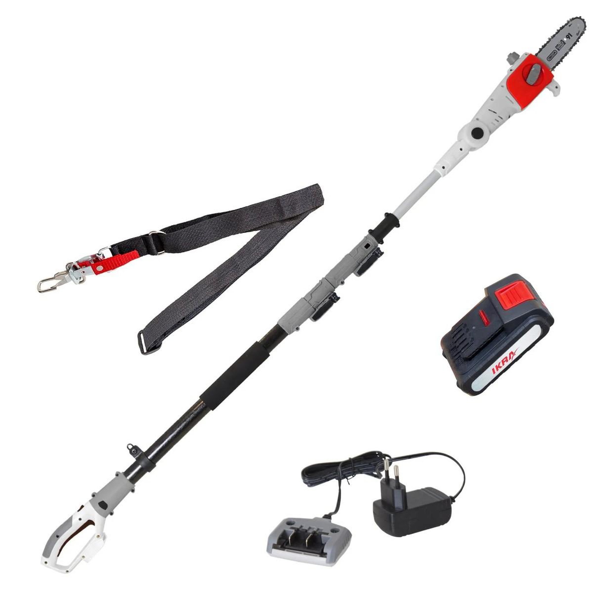 Voir la diapositive 2 : Ikra Elagueur sur perche 20v télescopique jusqu'à 4m - elagueuse guide oregon 20cm- inclus batterie lithium 2.0ah+ chargeur ikra
