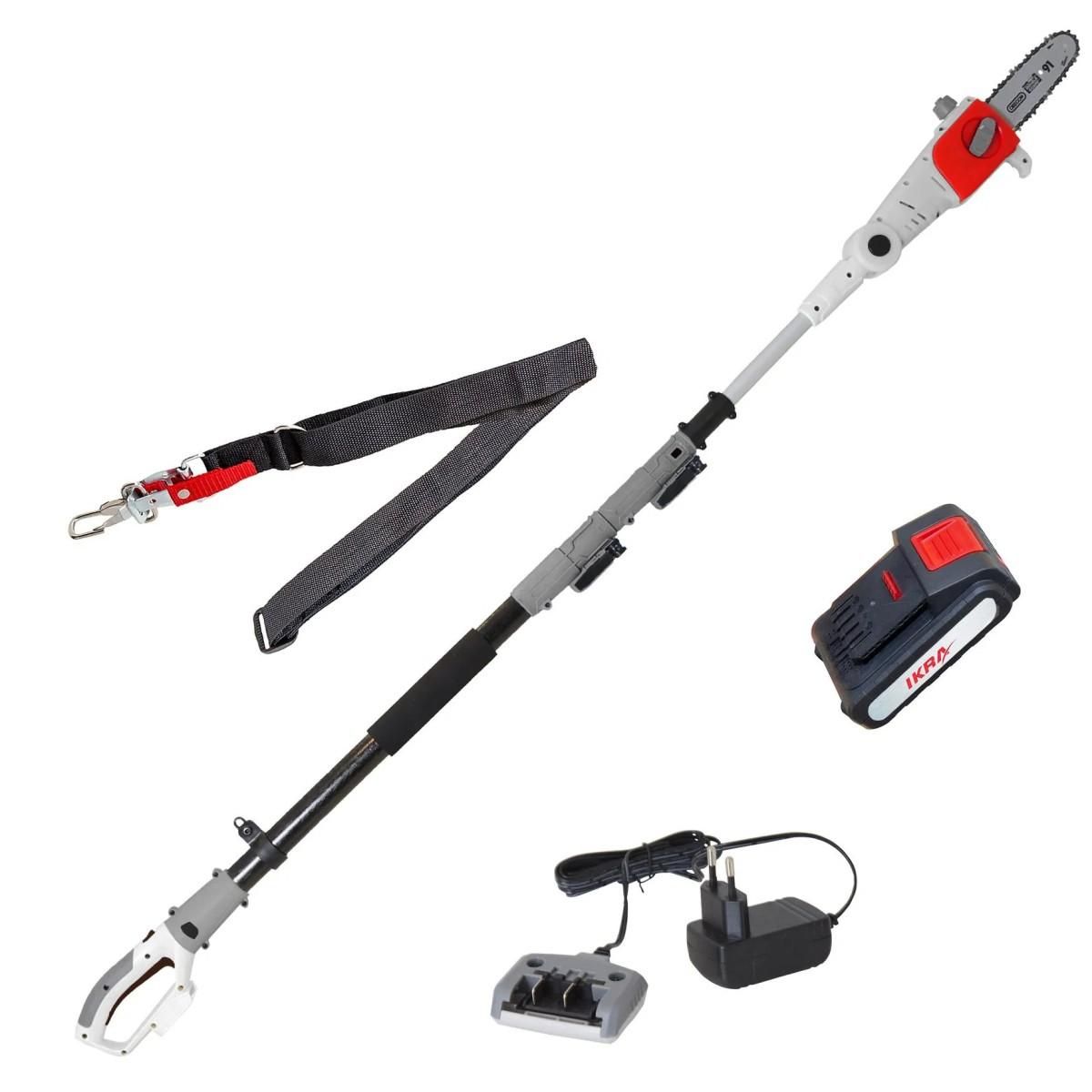 Ikra Elagueuse sur perche téléscopique 20V - Lame Guide Oregon 20cm- Batterie lithium 2.0Ah Chargeur 20V Extensible jusqu'à 4m IKRA