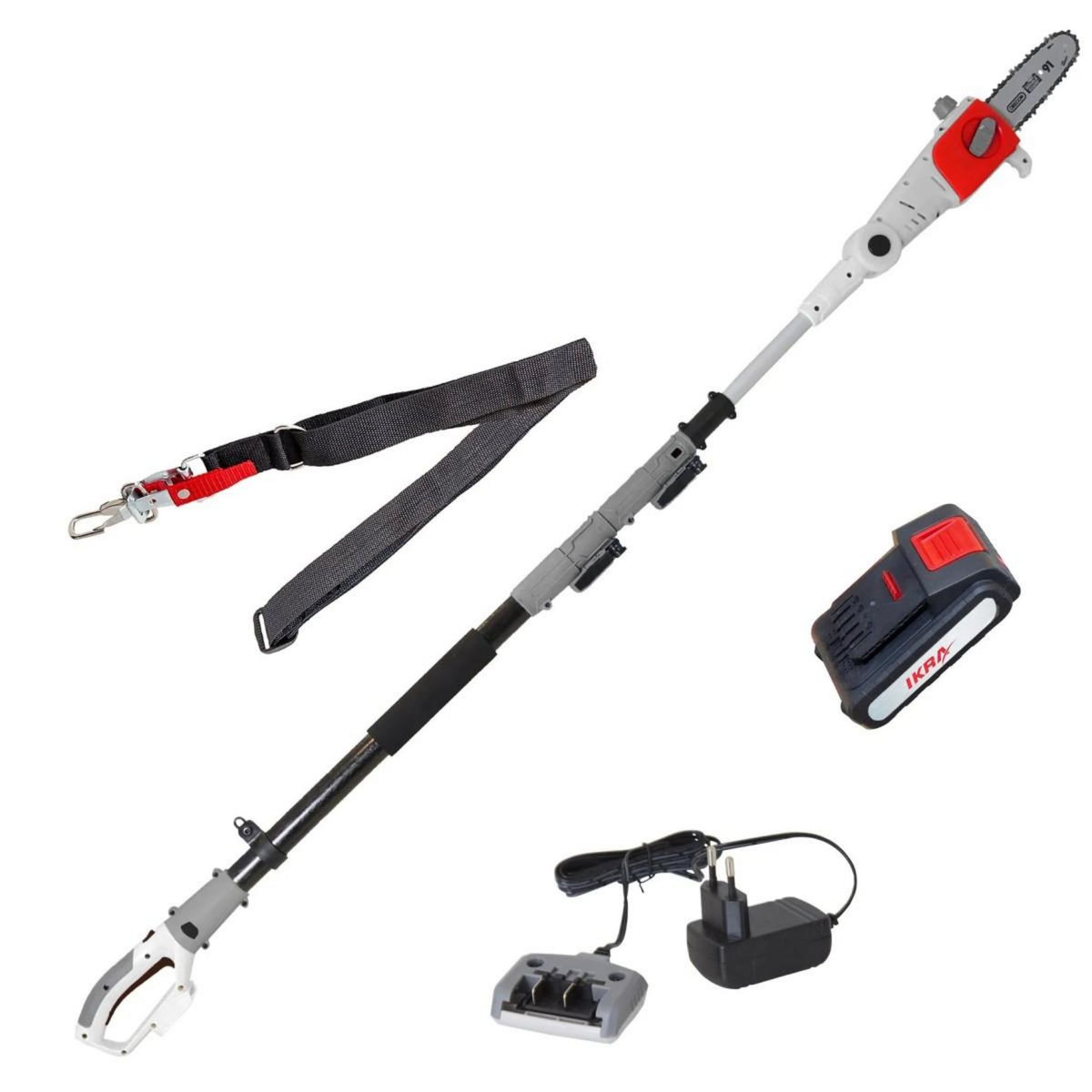 Ikra Elagueuse sur perche téléscopique 20V - Lame Guide Oregon 20cm- Batterie lithium 2.0Ah Chargeur 20V Extensible jusqu'à 4m IKRA