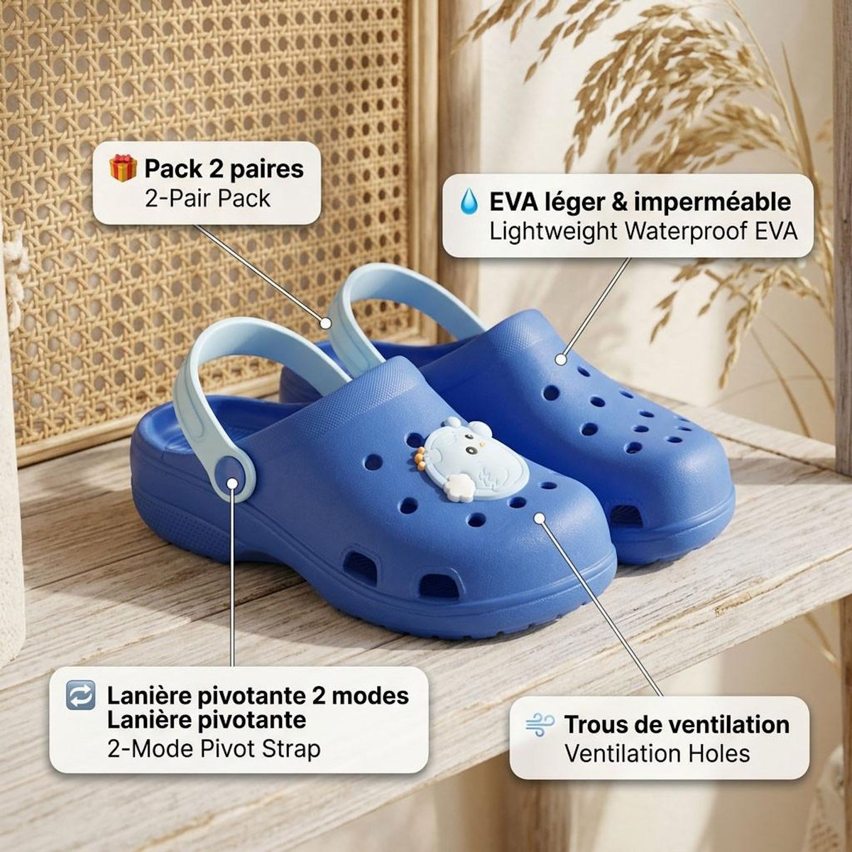 OZABI OZABI Pack 2 Paires Sabots Enfant EVA - Lanière Pivotante - Décoration Fantaisie