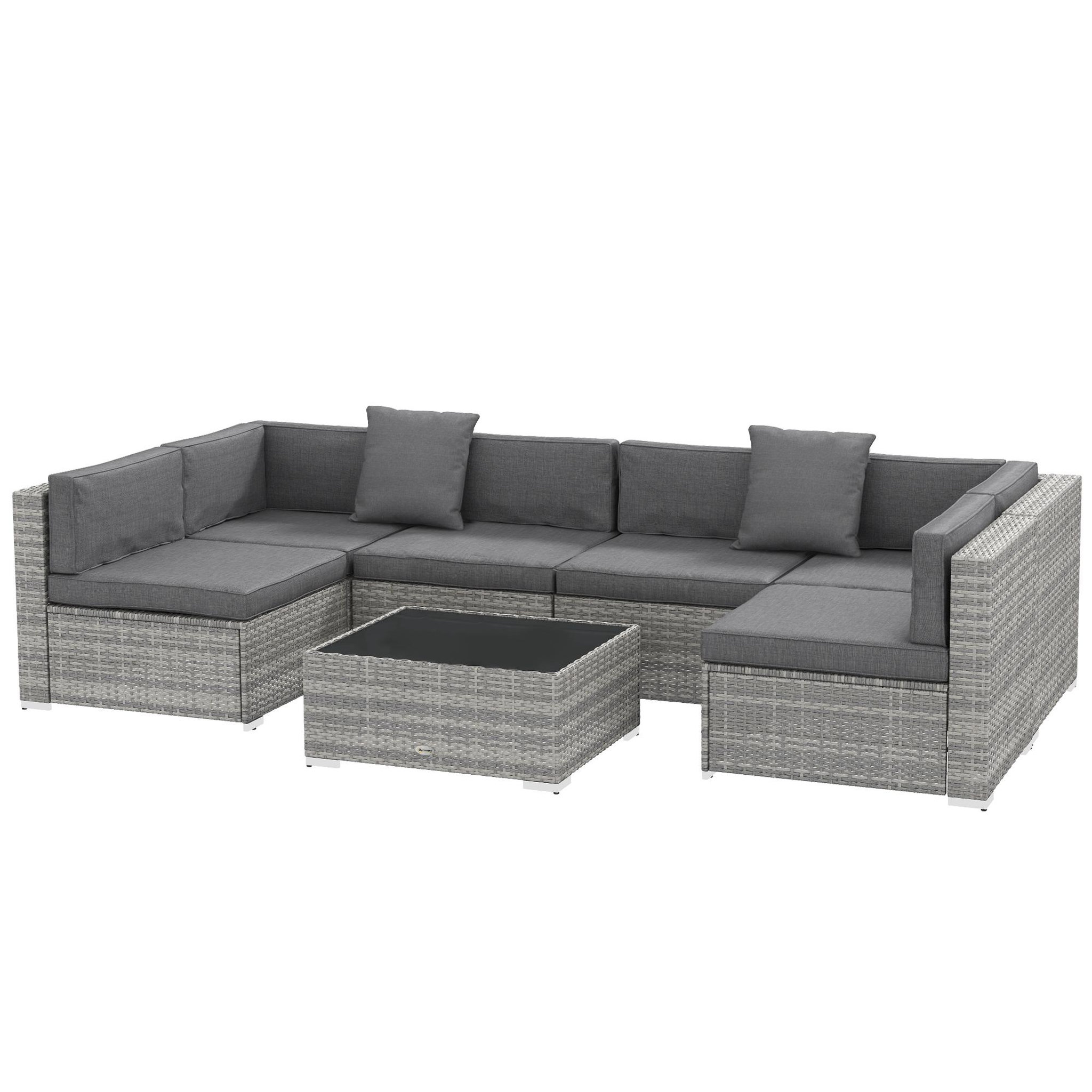 OUTSUNNY Ensemble salon de jardin 7 pièces modulables table basse plateau verre trempé coussins déhoussables inclus résine tressée imitation rotin gris
