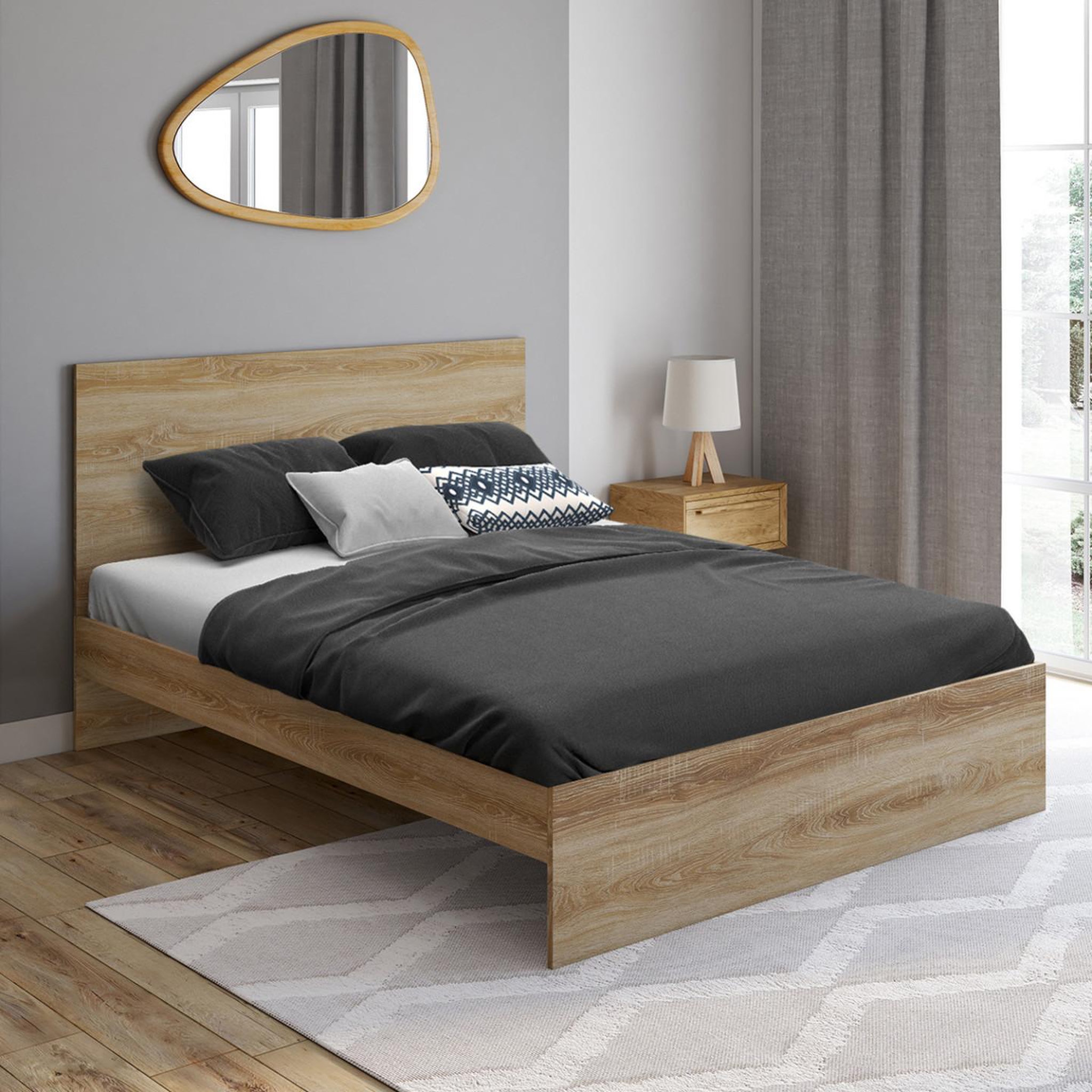 Voir la diapositive 2 : ID MARKET Lit double omaha avec tête de lit et sommier 140 x 190 cm façon hêtre