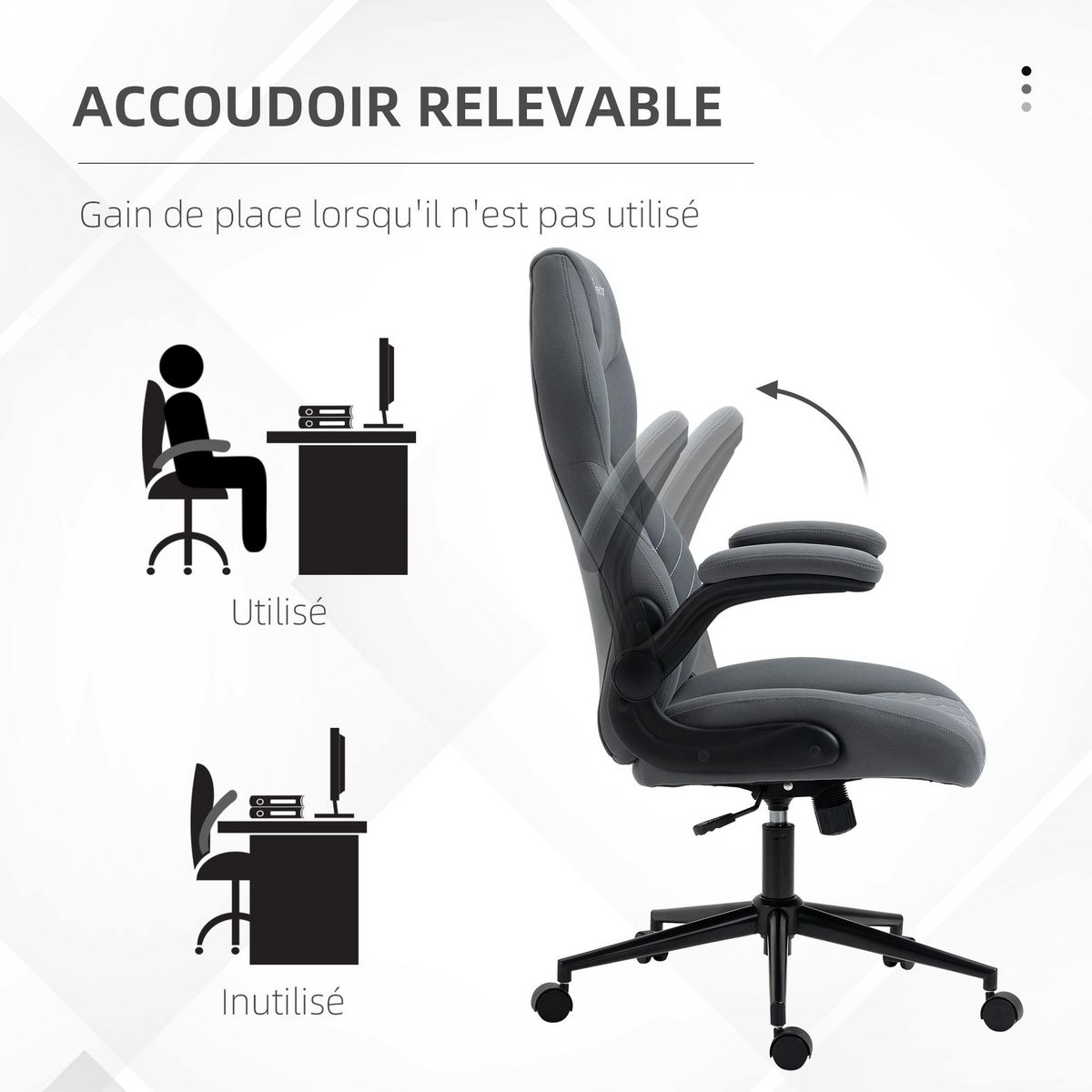 VINSETTO Fauteuil de bureau chaise de bureau ergonomique hauteur réglable pivotant 360° accoudoirs relevables tissu anthracite