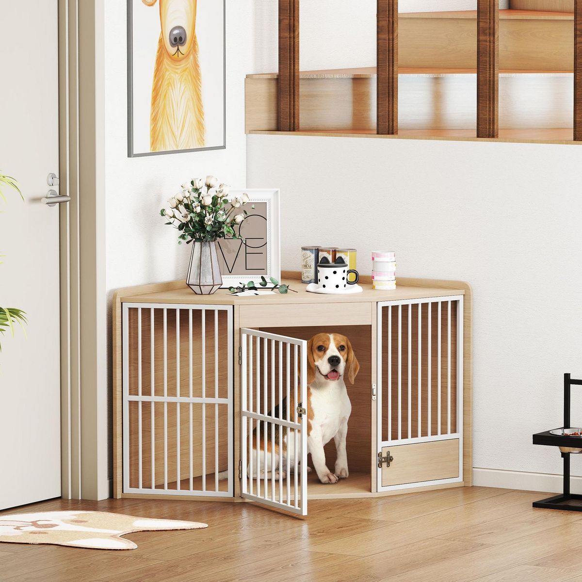 PAWHUT Cage d'angle pour chien en bois clair dim. 113 x 80 x 64 cm porte entrée + porte rotative alimentation