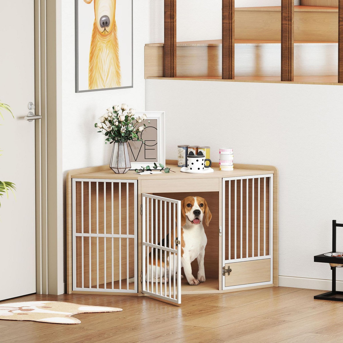 PAWHUT Cage d'angle pour chien en bois clair dim. 113 x 80 x 64 cm porte entrée + porte rotative alimentation