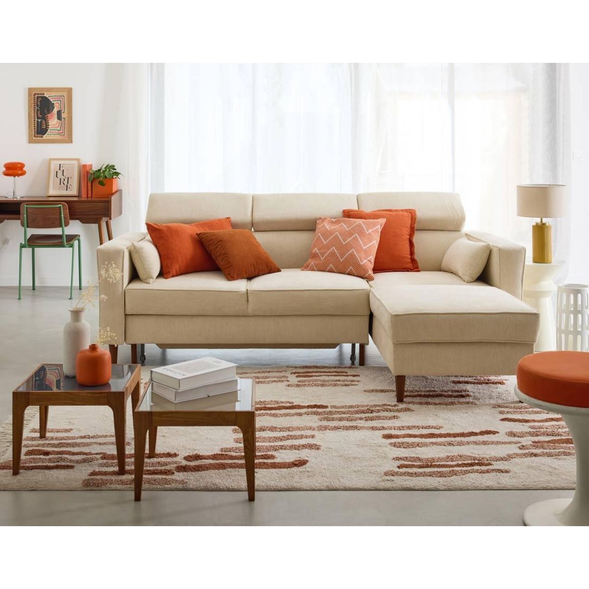 BEST MOBILIER Alicante - canapé d'angle réversible convertible avec têtières - coffre - 4 places - en tissu texturé