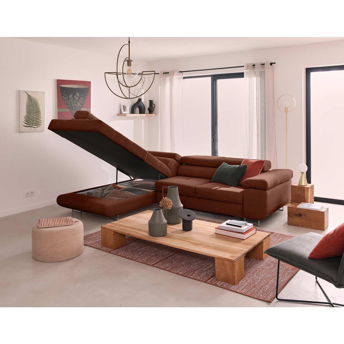 BEST MOBILIER Zaria - canapé d'angle gauche - convertible avec coffre et têtières réglables - 5 places - en velours côtelé