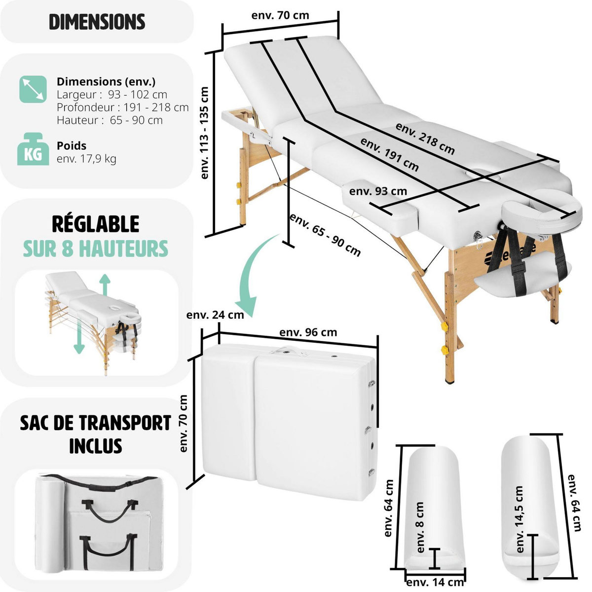 tectake Ensemble de table de massage à 3 zones Somwang avec rembourrage de 7,5 cm d'épaisseur, rouleaux et cadre en bois